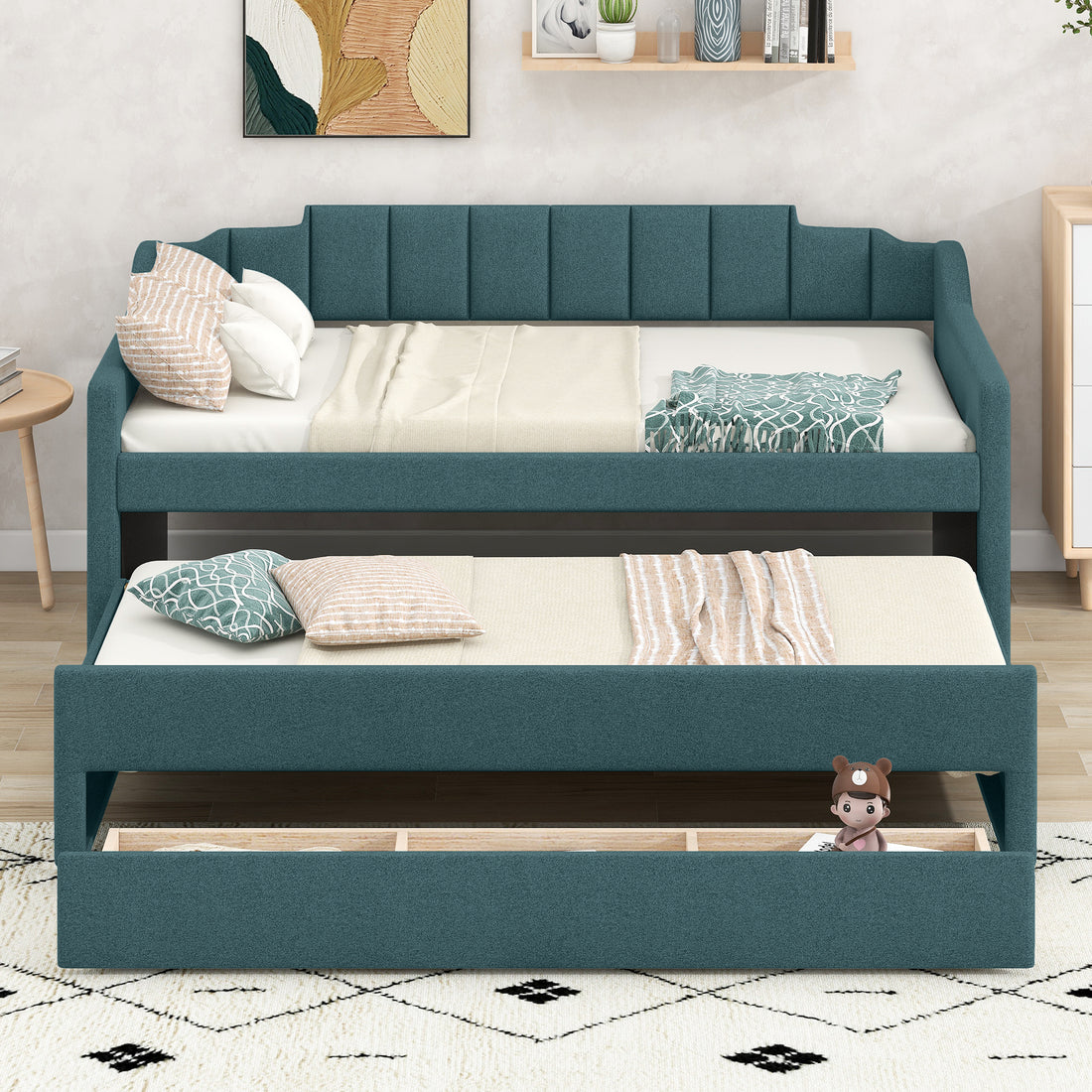 Twin Size Upholstered Daybed With Trundle And Three Drawers,Green Green Linen