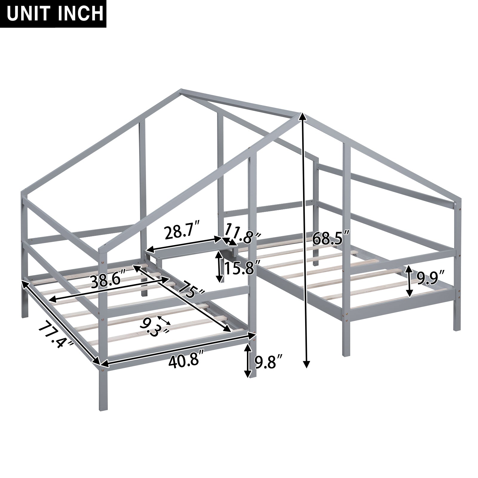 Double Twin Size Triangular House Beds With Built In Table,Gray Old Sku: Wf286895Aae Box Spring Not Required Twin Gray Wood Bedroom Bed Frame Pine