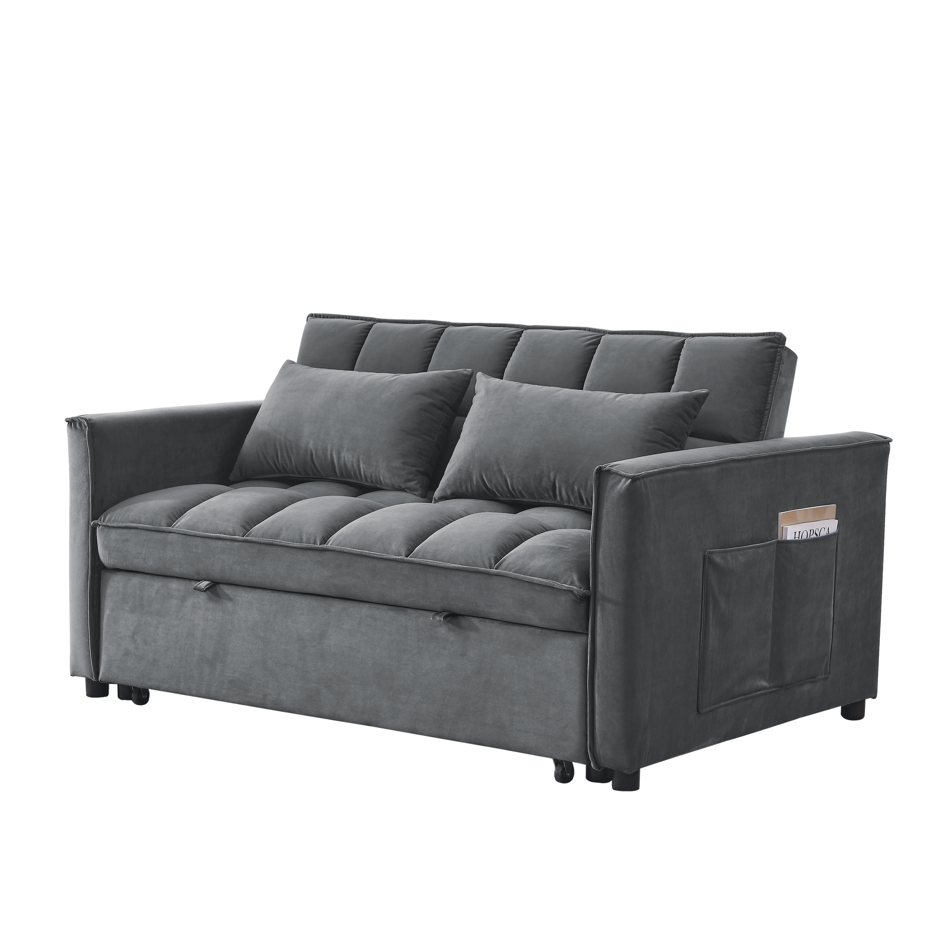Sleeper Sofa, Convertible Sofa, Recliner, Bed, 3 In 1, 3 Position Adjustable Backrest, 2 Seater Sectional, Two Side Pockets, 2 Pillows For Living Room, Apartment, Etc., Velvet Beige 54" Wide. Grey Foam Velvet 2 Seat