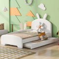 Twin Size Upholstered Platform Bed With Cartoon Ears Shaped Headboard And Trundle, White Box Spring Not Required Twin White Wood Bedroom Chenille Upholstered