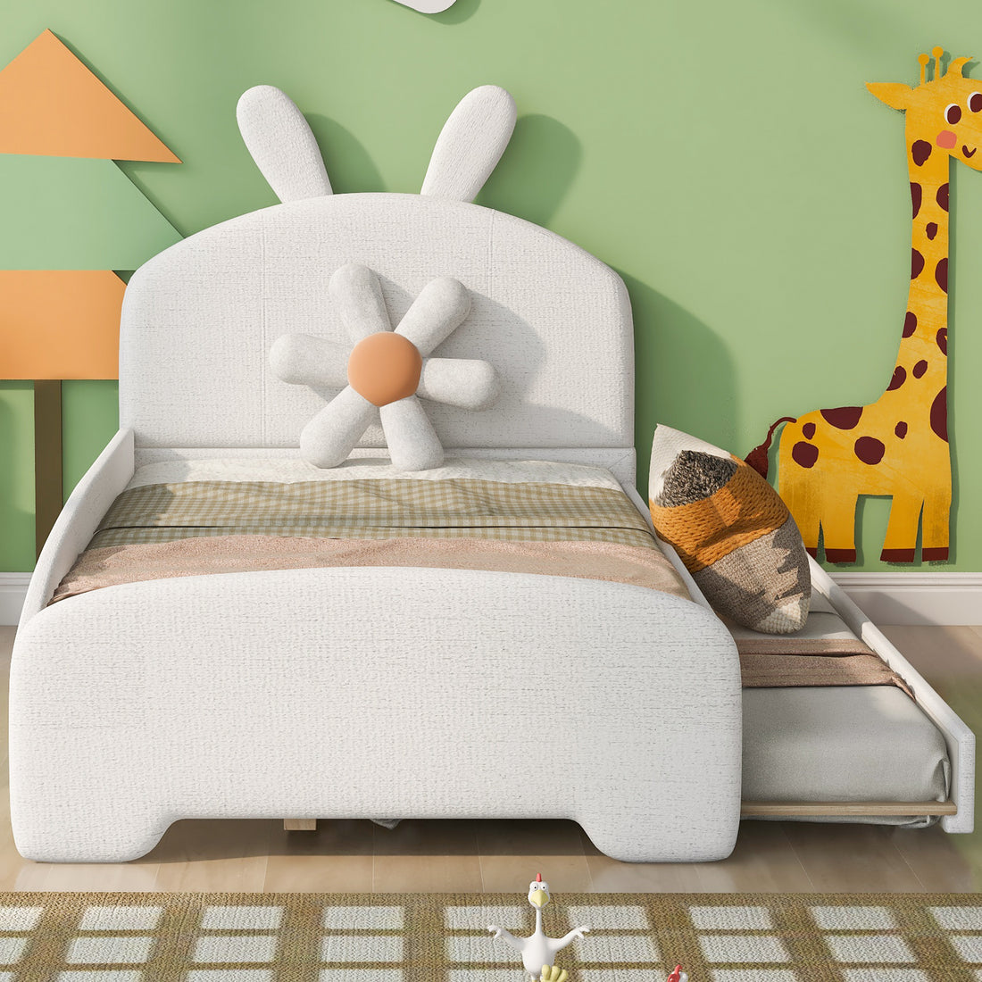 Twin Size Upholstered Platform Bed With Cartoon Ears Shaped Headboard And Trundle, White Box Spring Not Required Twin White Wood Bedroom Chenille Upholstered