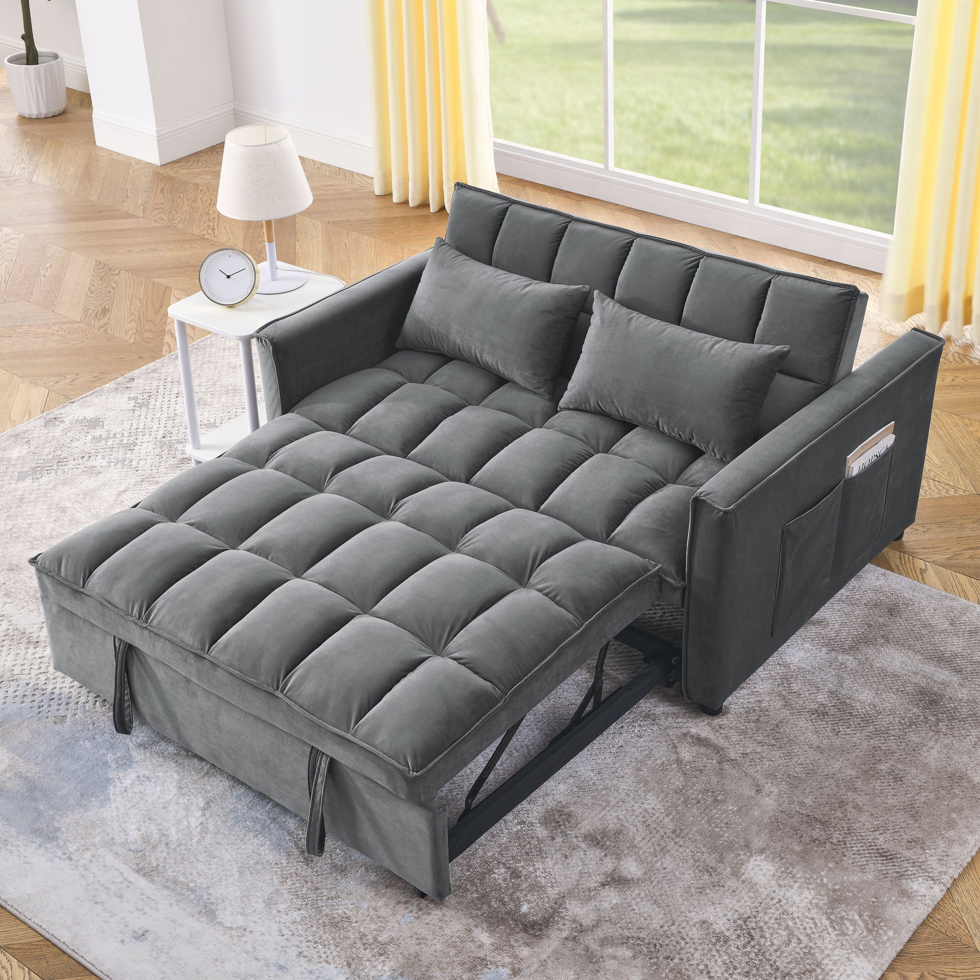 Sleeper Sofa, Convertible Sofa, Recliner, Bed, 3 In 1, 3 Position Adjustable Backrest, 2 Seater Sectional, Two Side Pockets, 2 Pillows For Living Room, Apartment, Etc., Velvet Beige 54" Wide. Grey Foam Velvet 2 Seat