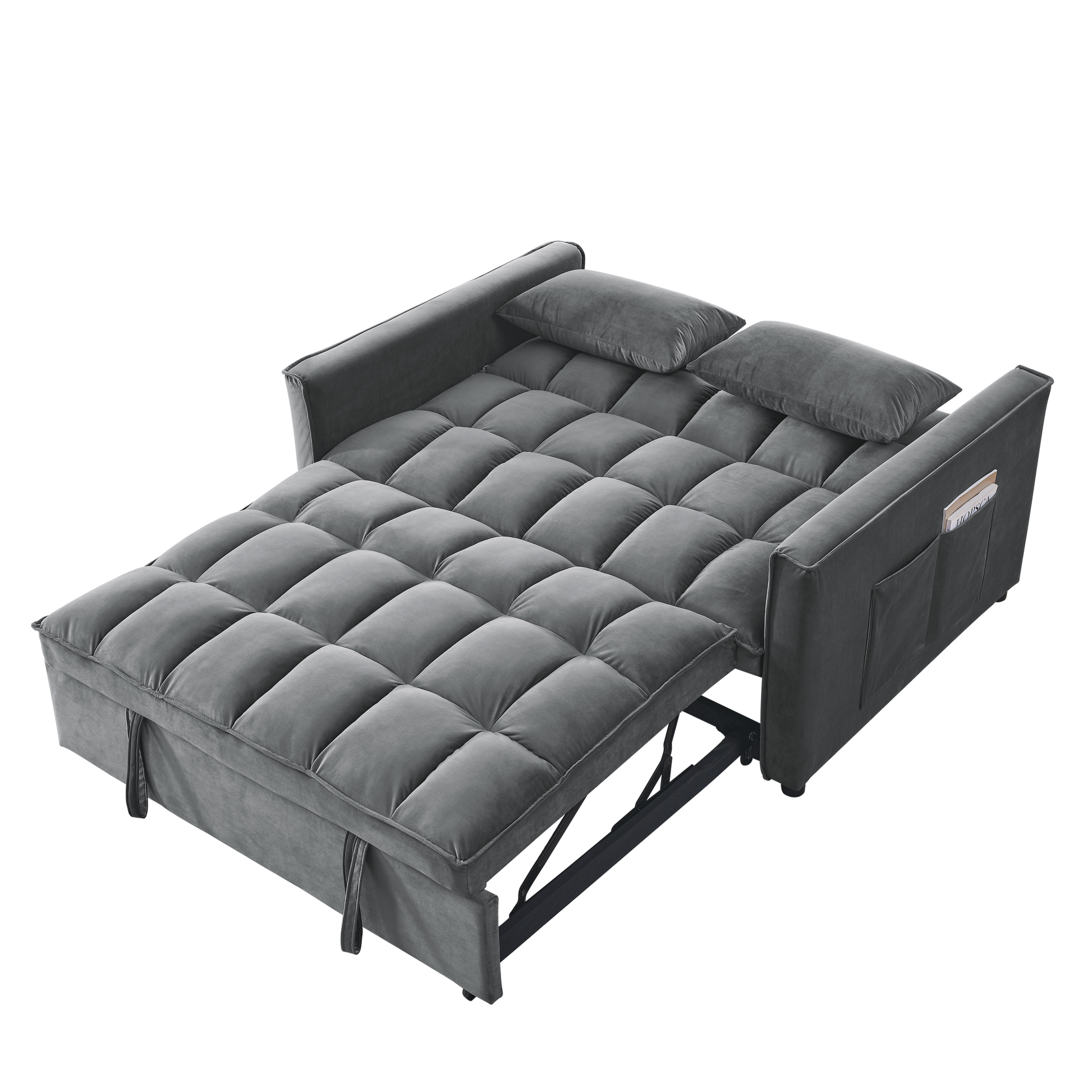 Sleeper Sofa, Convertible Sofa, Recliner, Bed, 3 In 1, 3 Position Adjustable Backrest, 2 Seater Sectional, Two Side Pockets, 2 Pillows For Living Room, Apartment, Etc., Velvet Beige 54" Wide. Grey Foam Velvet 2 Seat