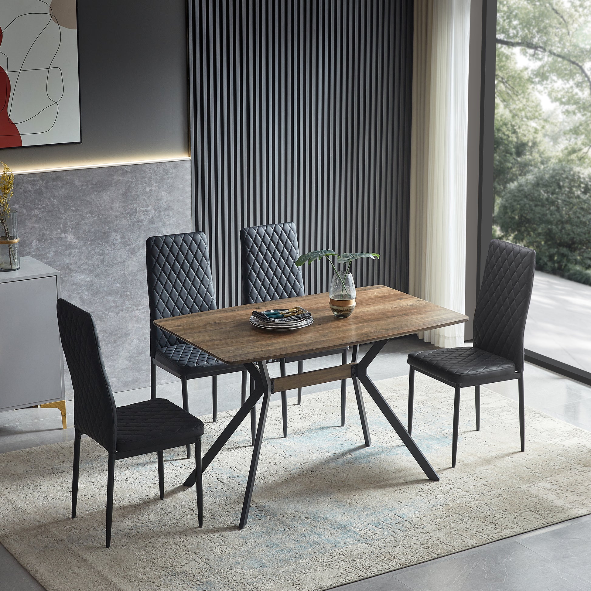Modern Minimalist Style Dining Table Mdf Wooden Top Black Metal Shelf Metal Heat Transfer Legs Leveling Feet For Dining Room Kitchen Office Table Walnut Black Mdf