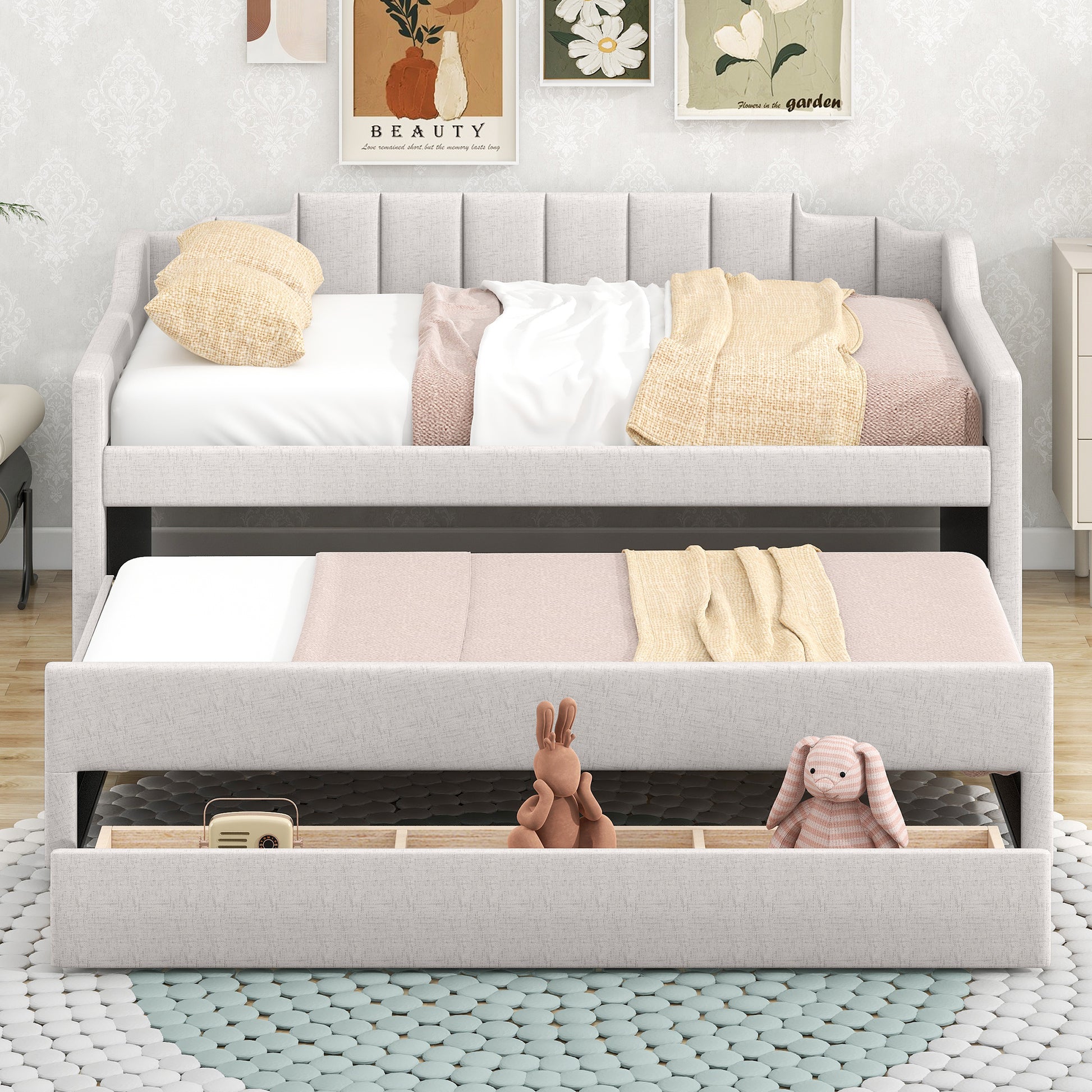 Twin Size Upholstered Daybed With Trundle And Three Drawers,Beige Box Spring Not Required Twin Beige Wood Bedroom Linen Linen