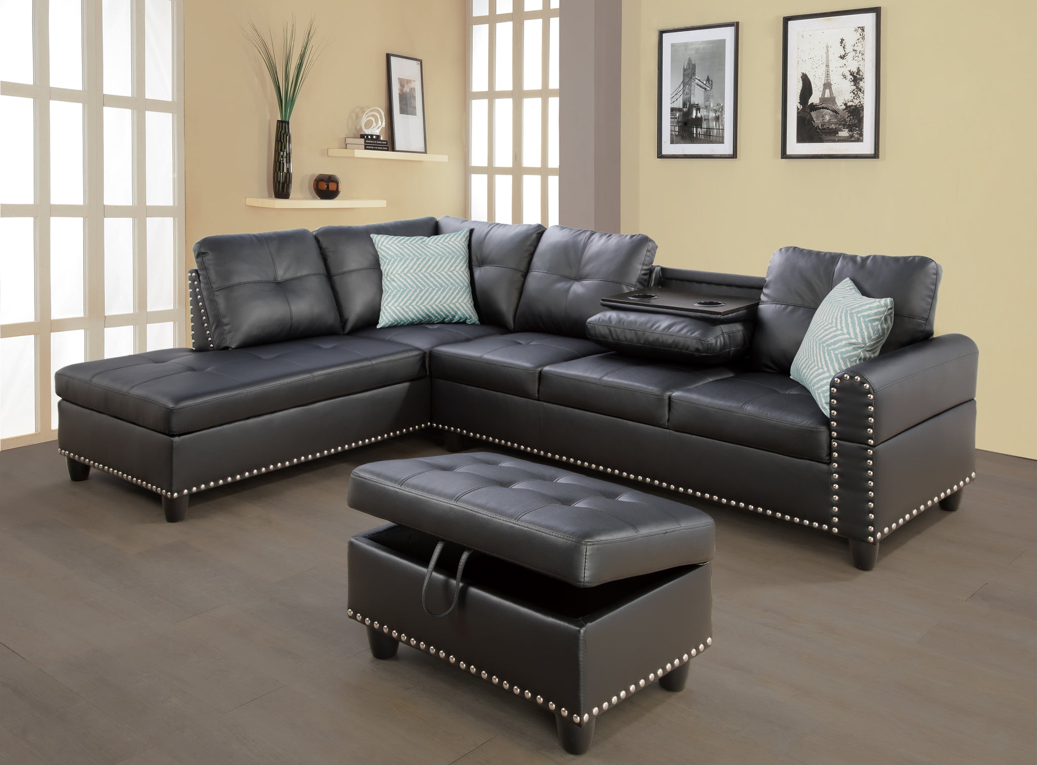 Irine Faux Leather Sectional Sofa With Ottoman Black Foam Faux Leather