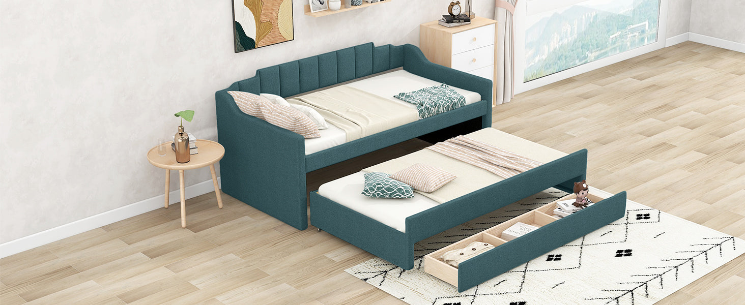 Twin Size Upholstered Daybed With Trundle And Three Drawers,Green Green Linen