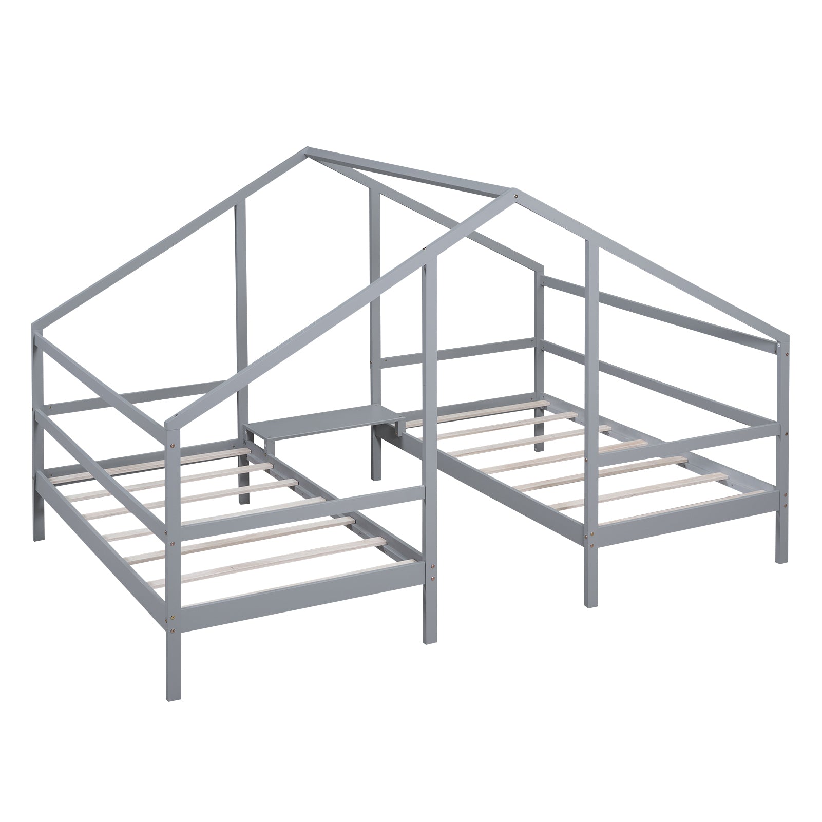 Double Twin Size Triangular House Beds With Built In Table,Gray Old Sku: Wf286895Aae Box Spring Not Required Twin Gray Wood Bedroom Bed Frame Pine