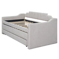 Twin Size Upholstered Daybed With Trundle And Three Drawers,Beige Box Spring Not Required Twin Beige Wood Bedroom Linen Linen