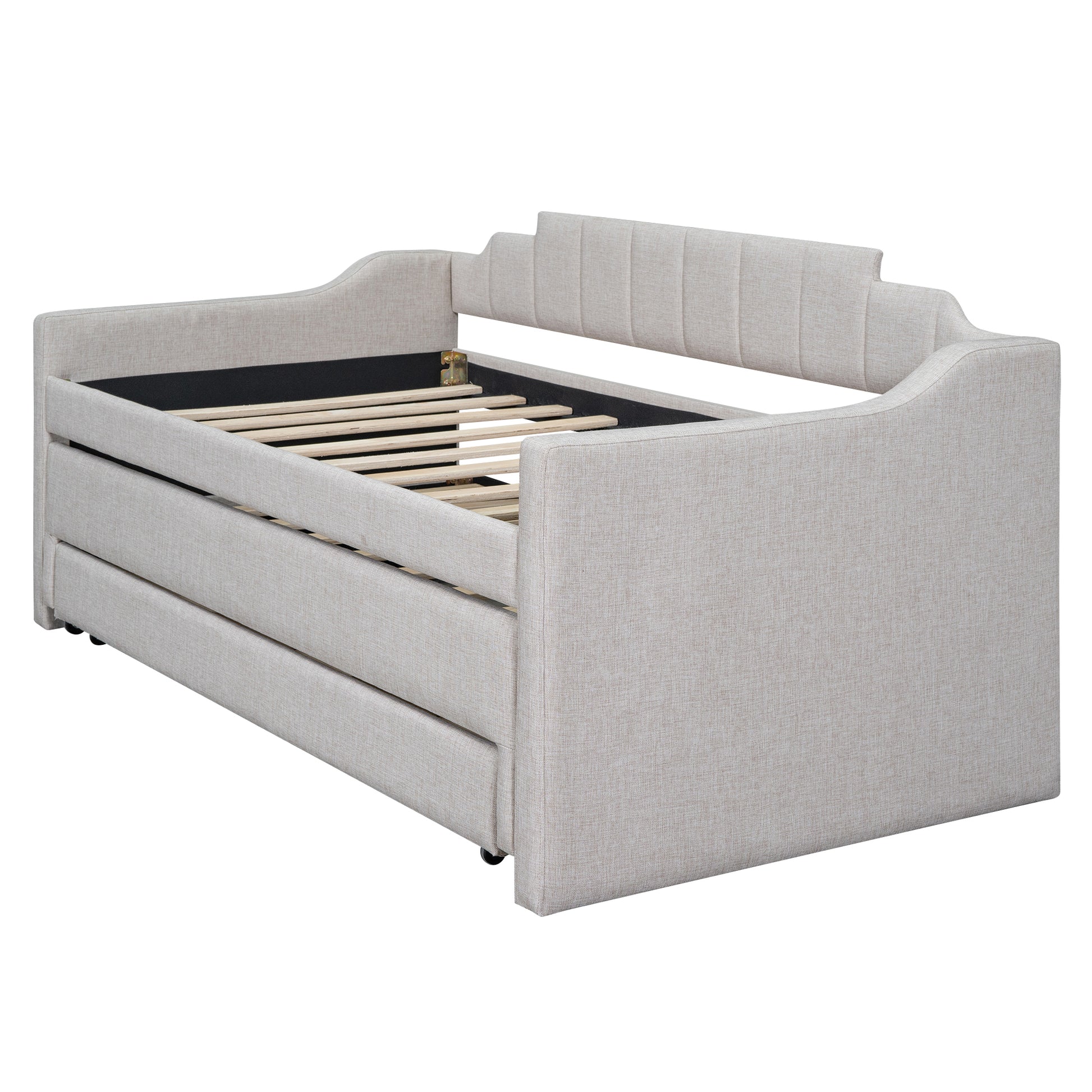 Twin Size Upholstered Daybed With Trundle And Three Drawers,Beige Box Spring Not Required Twin Beige Wood Bedroom Linen Linen