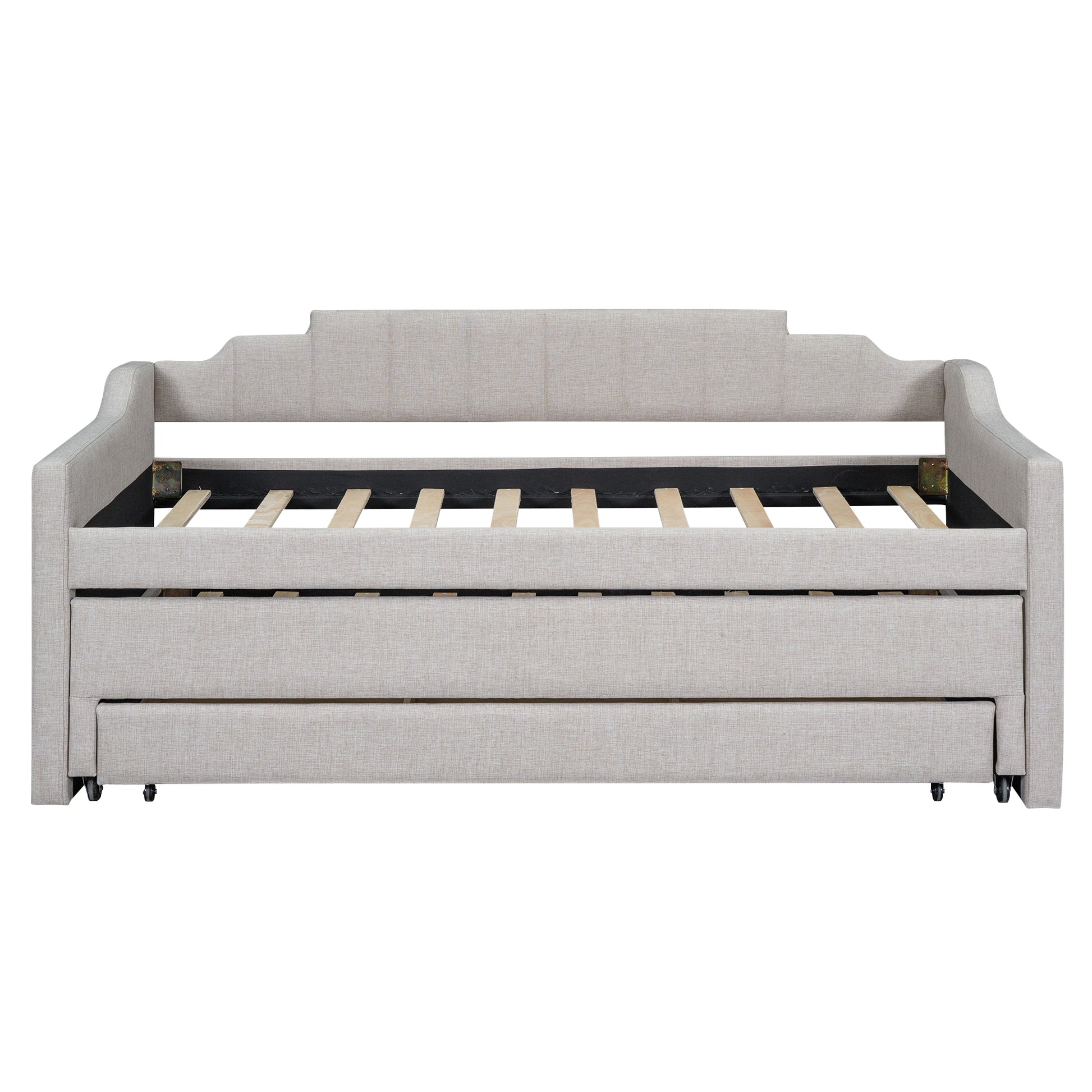 Twin Size Upholstered Daybed With Trundle And Three Drawers,Beige Box Spring Not Required Twin Beige Wood Bedroom Linen Linen