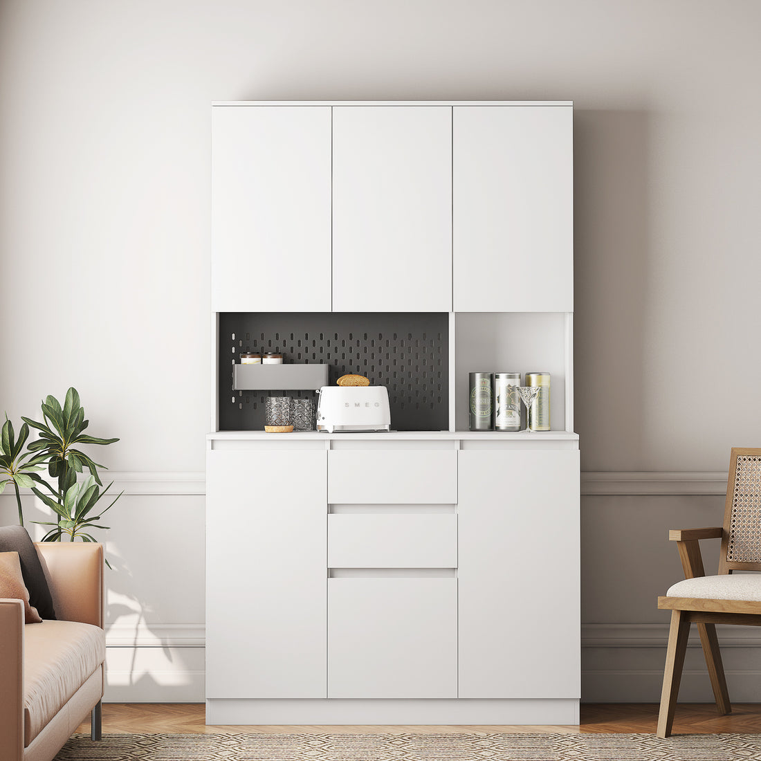 74" Kitchen Pantry Cabinet With Charging Station,Freestanding Buffet Cupboards Sideboard With Drawer,Modern Pantry Cabinet With Microwave Stand For Kitchen,Living Room,Dinning Room White Mdf