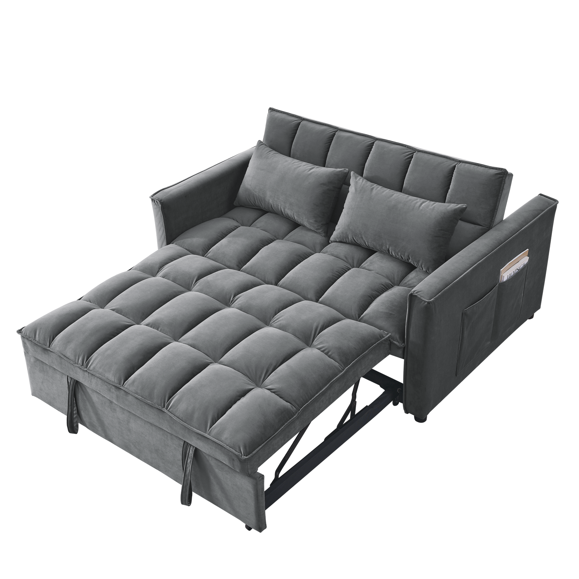 Sleeper Sofa, Convertible Sofa, Recliner, Bed, 3 In 1, 3 Position Adjustable Backrest, 2 Seater Sectional, Two Side Pockets, 2 Pillows For Living Room, Apartment, Etc., Velvet Beige 54" Wide. Grey Foam Velvet 2 Seat