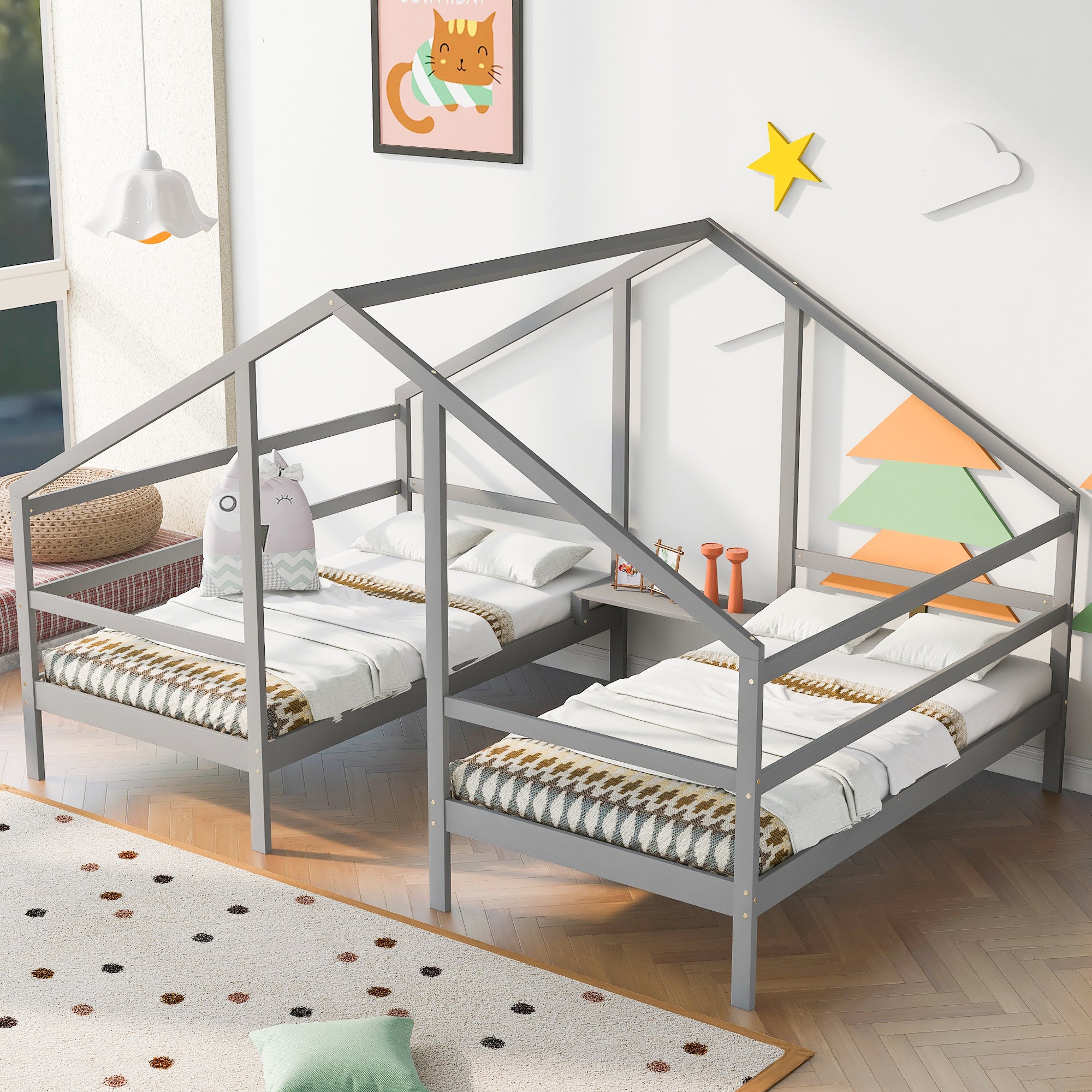 Double Twin Size Triangular House Beds With Built In Table,Gray Old Sku: Wf286895Aae Box Spring Not Required Twin Gray Wood Bedroom Bed Frame Pine