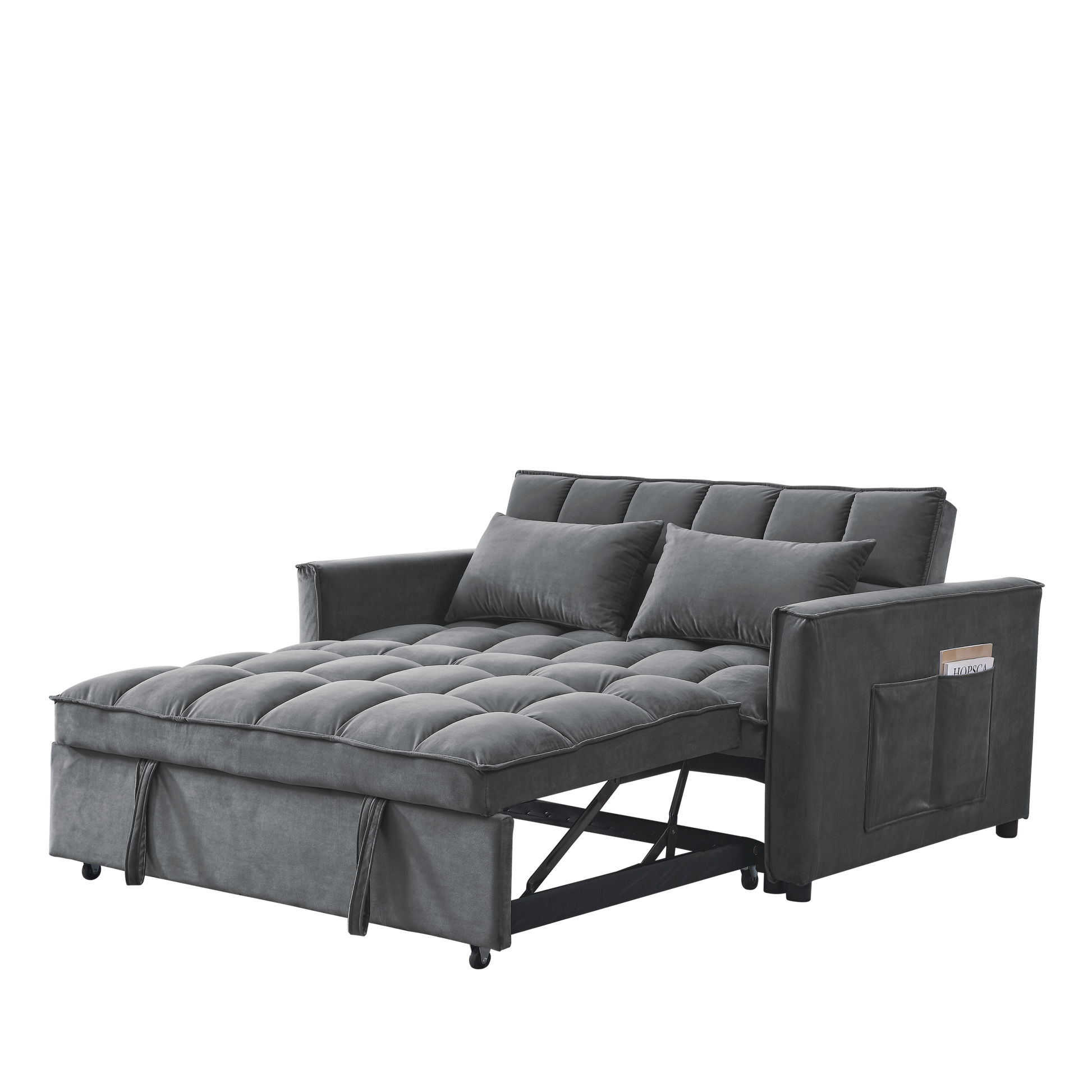 Sleeper Sofa, Convertible Sofa, Recliner, Bed, 3 In 1, 3 Position Adjustable Backrest, 2 Seater Sectional, Two Side Pockets, 2 Pillows For Living Room, Apartment, Etc., Velvet Beige 54" Wide. Grey Foam Velvet 2 Seat