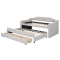 Twin Size Upholstered Daybed With Trundle And Three Drawers,Beige Box Spring Not Required Twin Beige Wood Bedroom Linen Linen