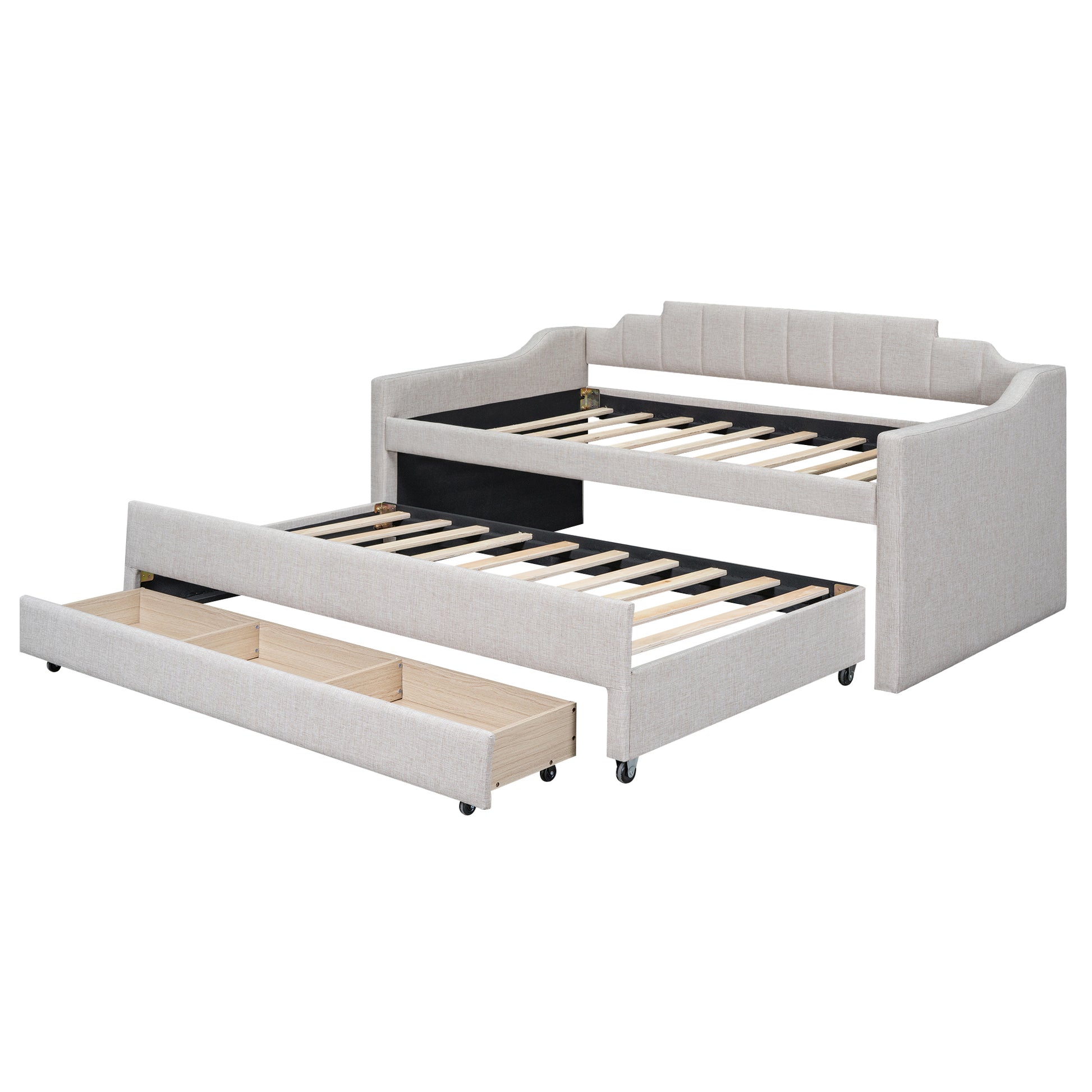 Twin Size Upholstered Daybed With Trundle And Three Drawers,Beige Box Spring Not Required Twin Beige Wood Bedroom Linen Linen