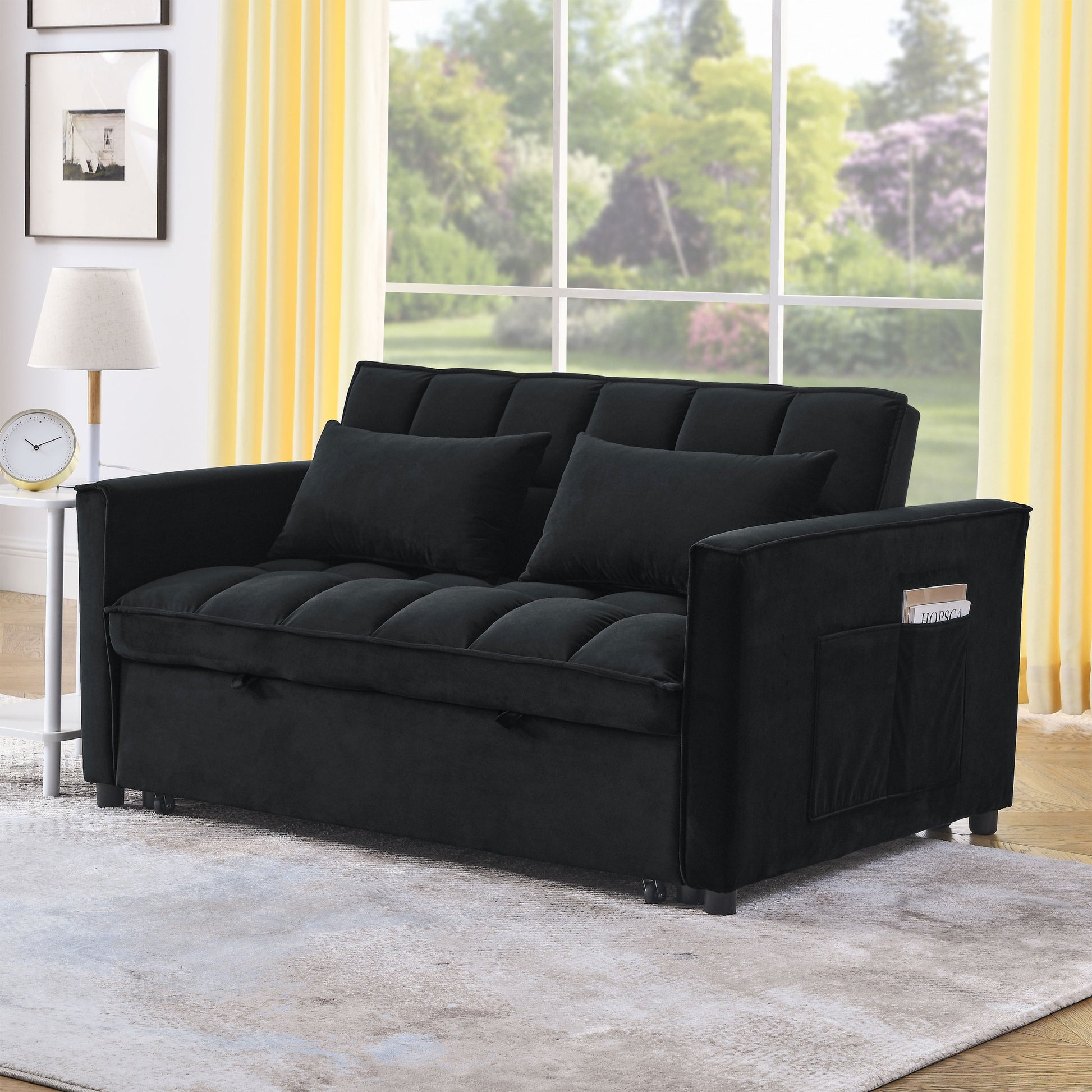 Sleeper Sofa, Convertible Sofa, Recliner, Bed, 3 In 1, 3 Position Adjustable Backrest, 2 Seater Sectional, Two Side Pockets, 2 Pillows For Living Room, Apartment, Etc., Velvet Black 54" Wide. Black Foam Velvet