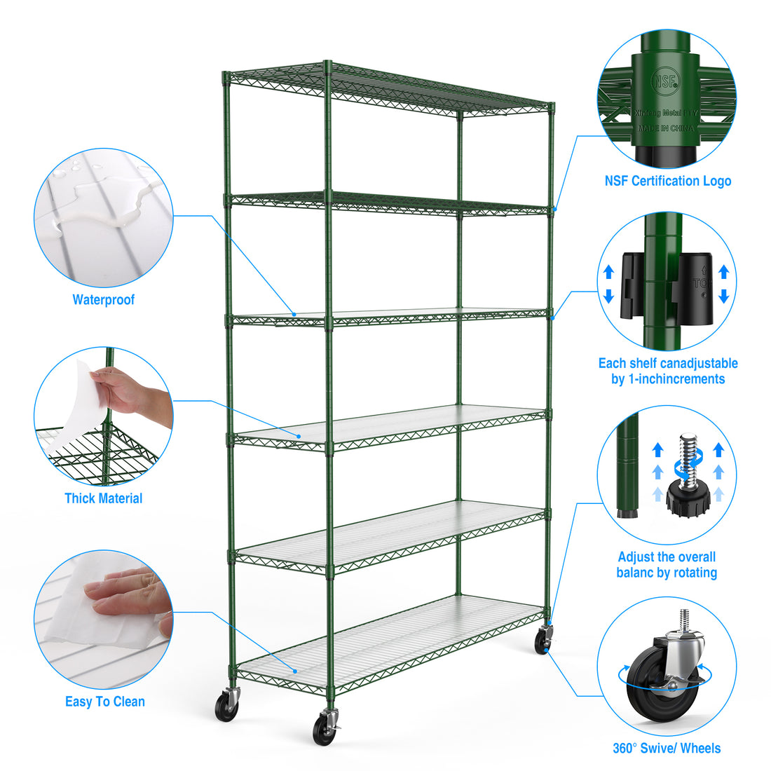 6 Tier Wire Shelving Unit, 6000 Lbs Nsf Height Adjustable Metal Garage Storage Shelves With Wheels, Heavy Duty Storage Wire Rack Metal Shelves Green Green Iron Plastic