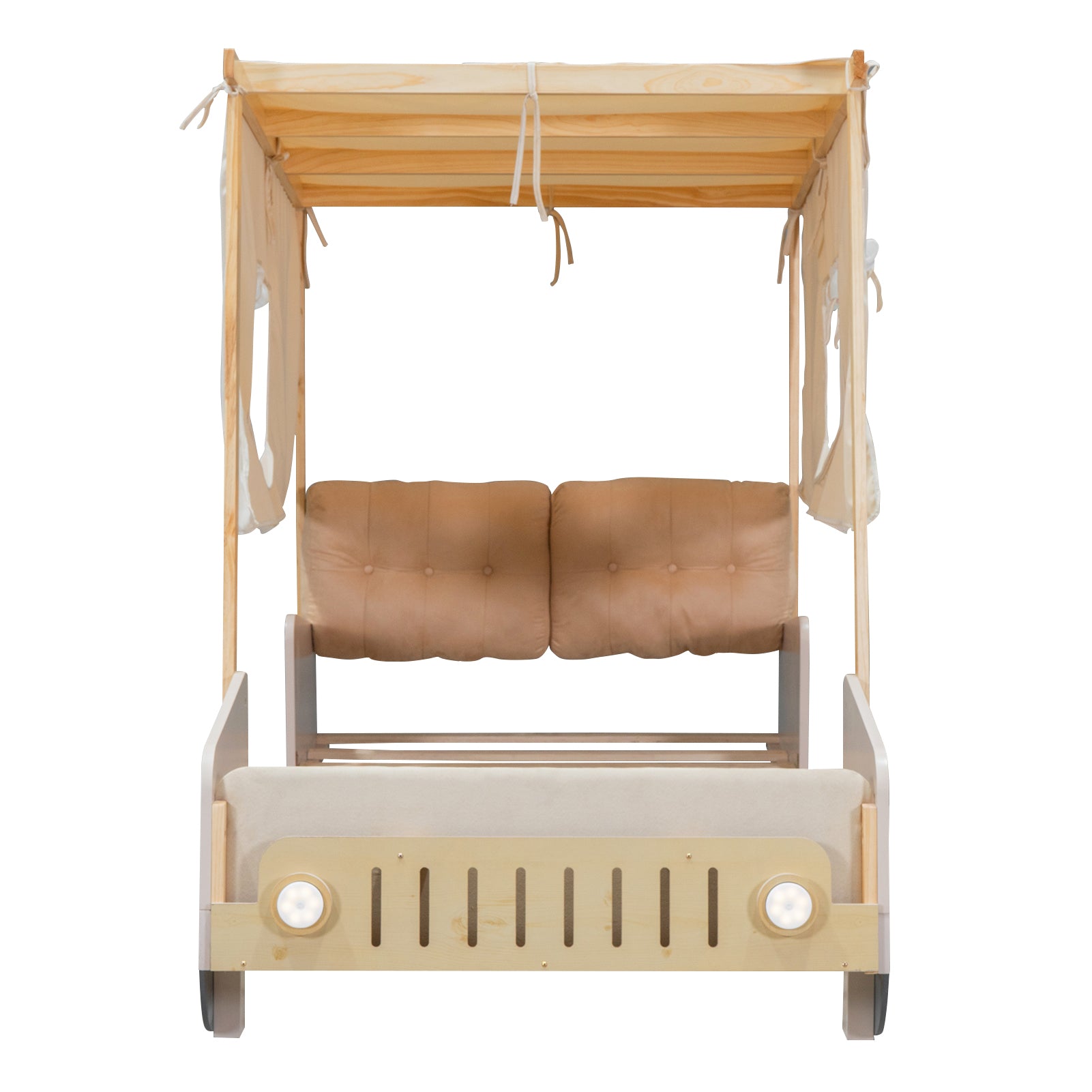 Wood Twin Size Car Bed With Pillow, Ceiling Cloth And Led, Natural Box Spring Not Required Twin Natural Wood Bedroom Solid Wood Mdf