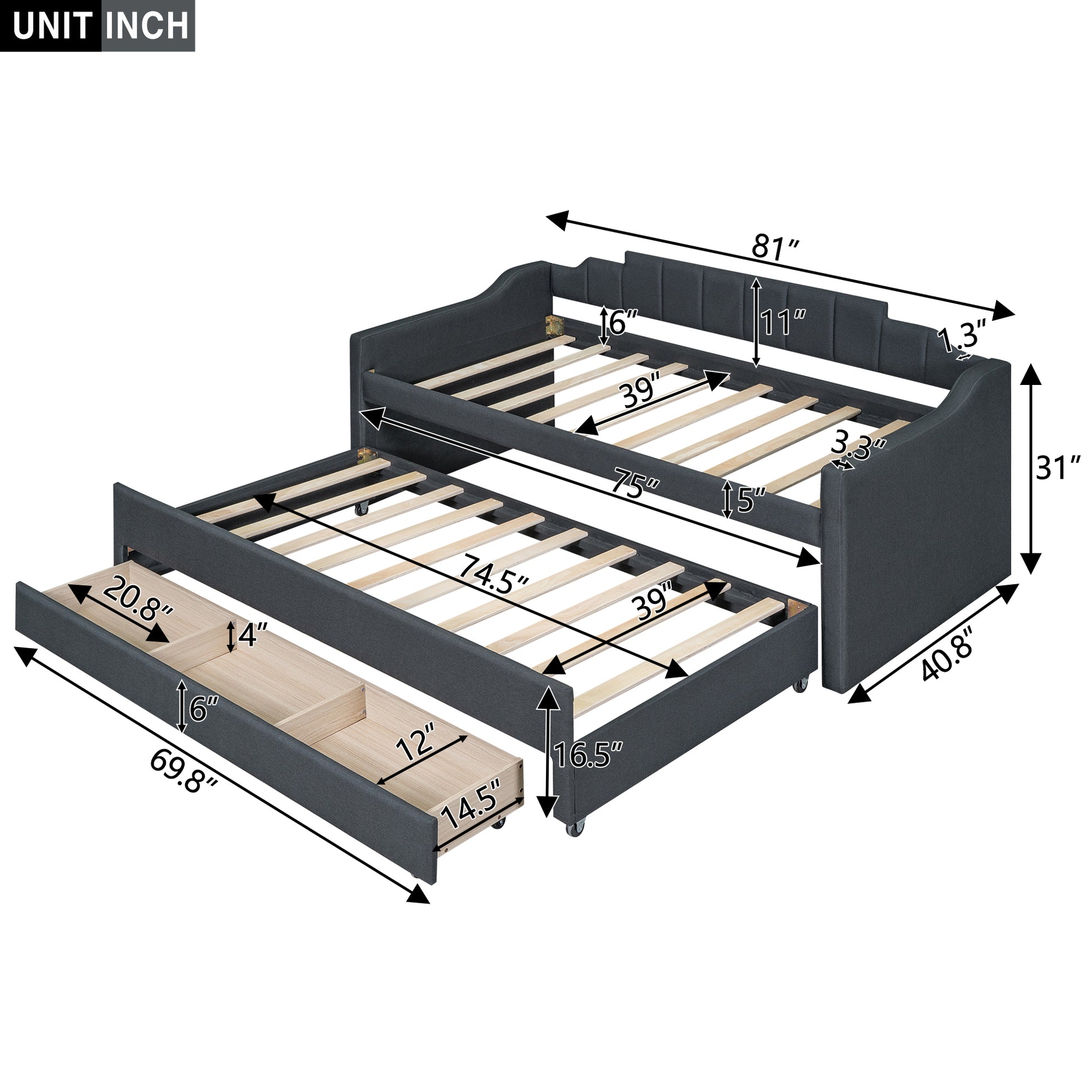 Twin Size Upholstered Daybed With Trundle And Three Drawers,Grey Box Spring Not Required Twin Grey Wood Linen Linen