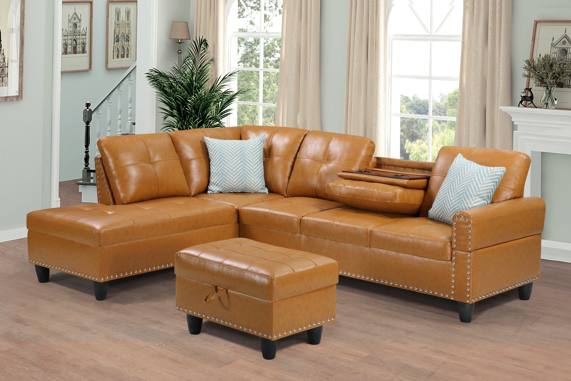 Irine Faux Leather Sectional Sofa With Ottoman Ginger Foam Faux Leather