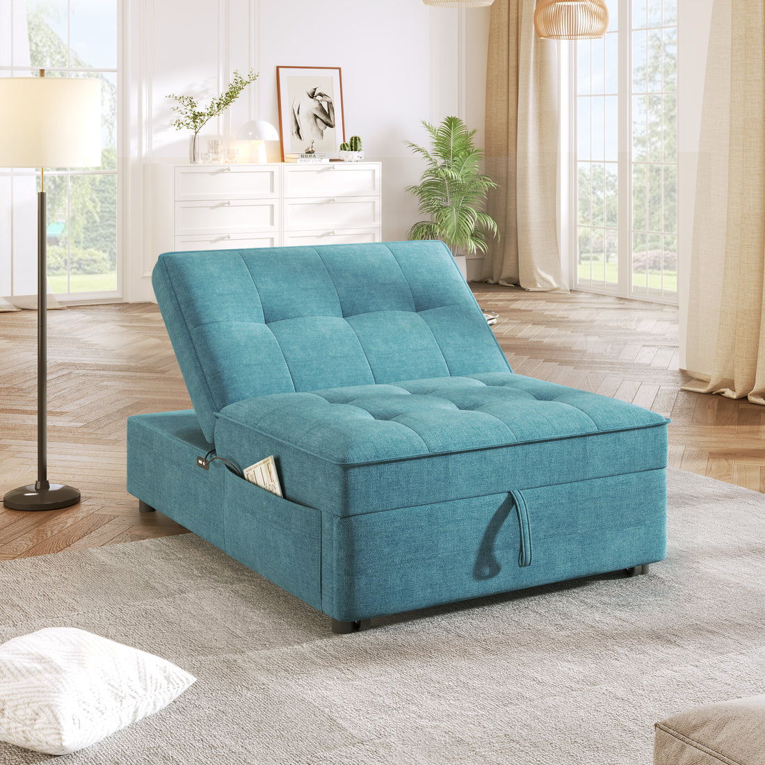 4 In 1 Sofa Bed, Chair Bed, Multi Function Folding Ottoman Bed With Storage Pocket And Usb Port For Small Room Apartment,Living Room,Bedroom,Hallway, Teal Teal Primary Living Space Linen