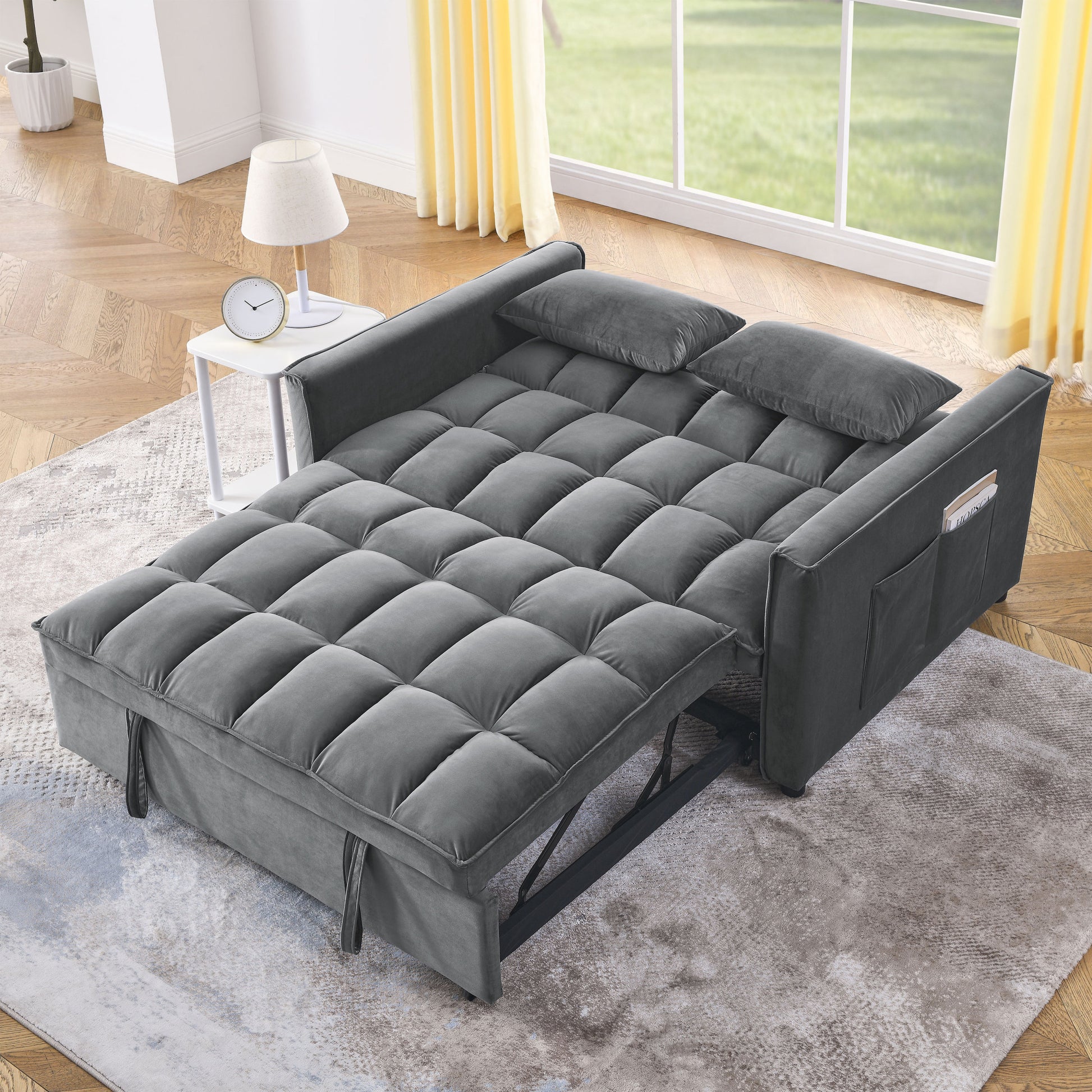 Sleeper Sofa, Convertible Sofa, Recliner, Bed, 3 In 1, 3 Position Adjustable Backrest, 2 Seater Sectional, Two Side Pockets, 2 Pillows For Living Room, Apartment, Etc., Velvet Beige 54" Wide. Grey Foam Velvet 2 Seat