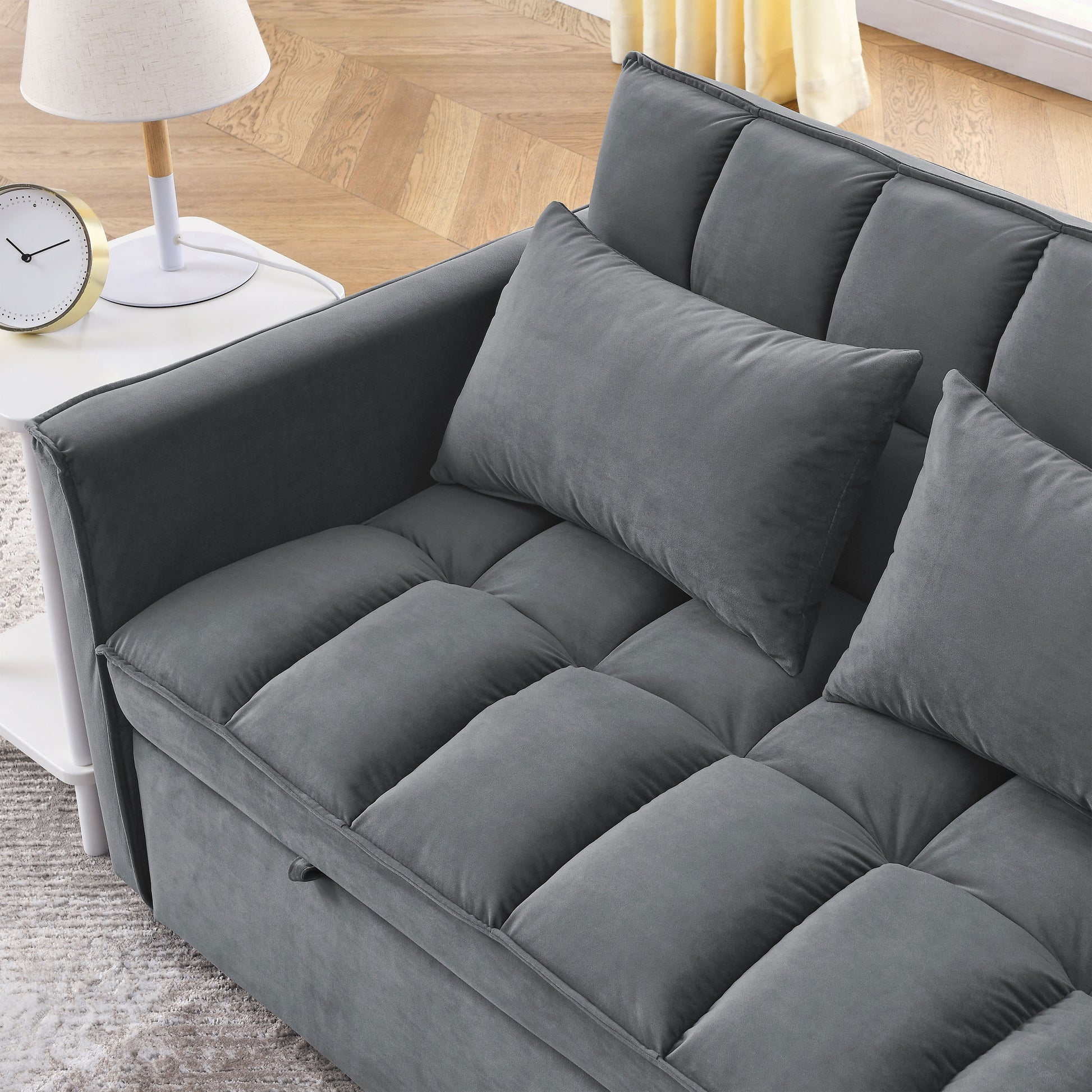 Sleeper Sofa, Convertible Sofa, Recliner, Bed, 3 In 1, 3 Position Adjustable Backrest, 2 Seater Sectional, Two Side Pockets, 2 Pillows For Living Room, Apartment, Etc., Velvet Beige 54" Wide. Grey Foam Velvet
