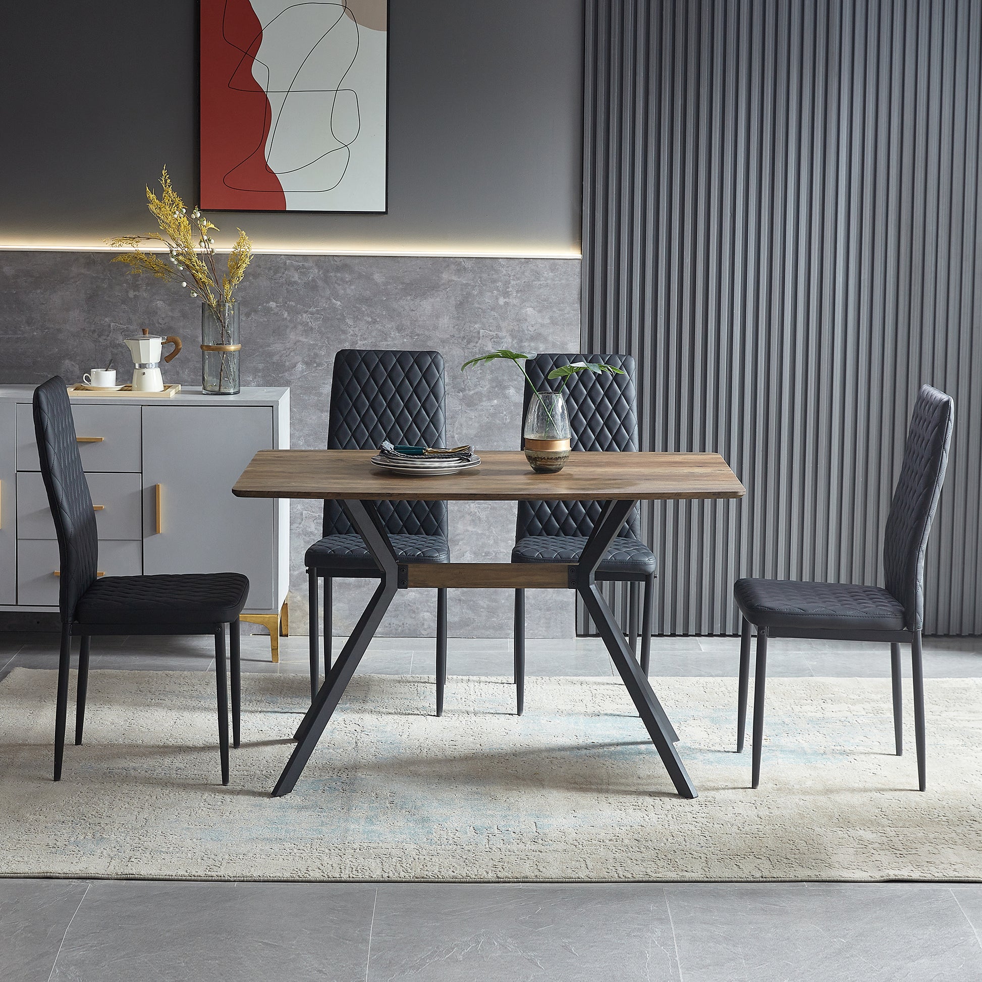 Modern Minimalist Style Dining Table Mdf Wooden Top Black Metal Shelf Metal Heat Transfer Legs Leveling Feet For Dining Room Kitchen Office Table Walnut Black Mdf