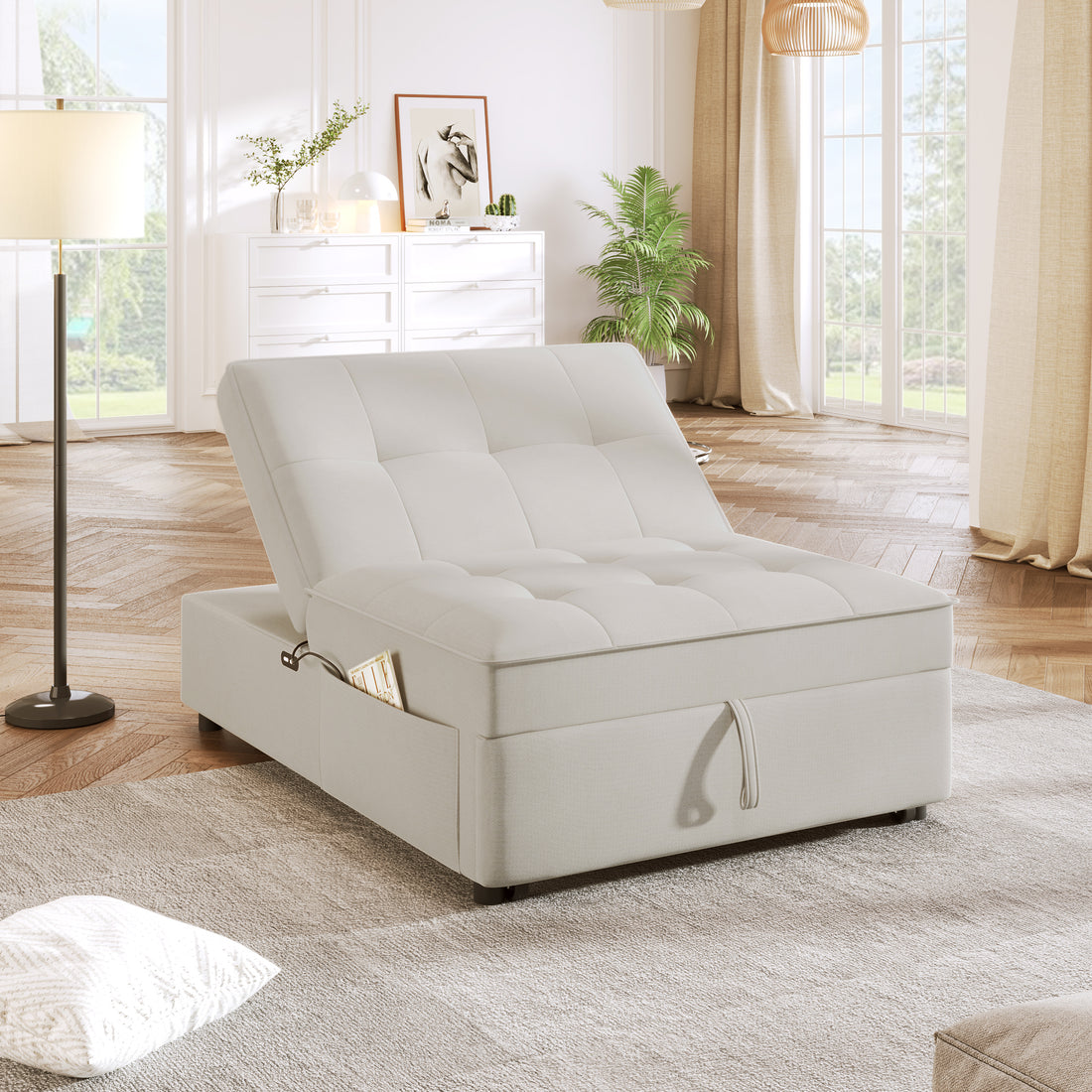 4 In 1 Sofa Bed, Chair Bed, Multi Function Folding Ottoman Bed With Storage Pocket And Usb Port For Small Room Apartment,Living Room,Bedroom,Hallway,White White Primary Living Space Linen