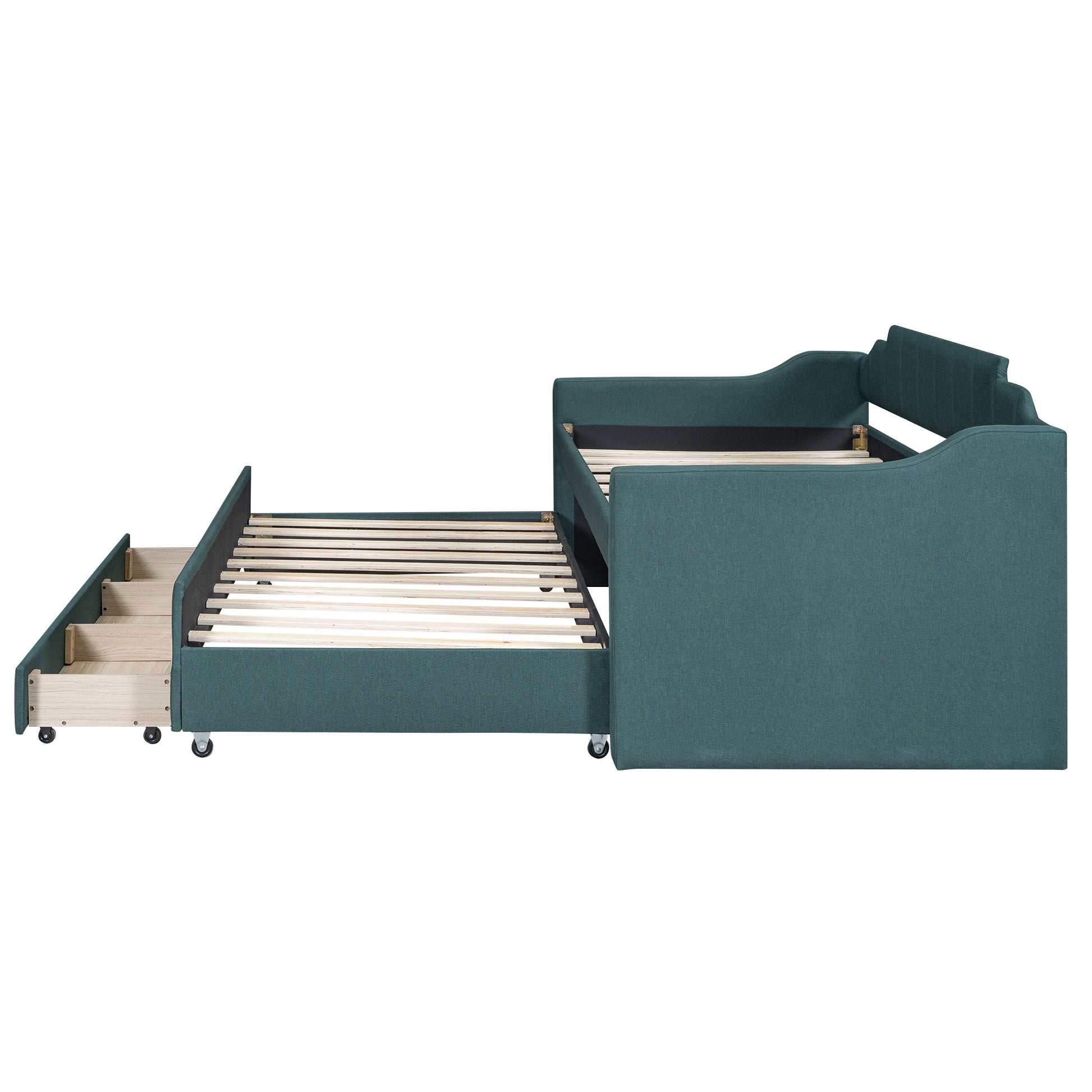 Twin Size Upholstered Daybed With Trundle And Three Drawers,Green Green Linen