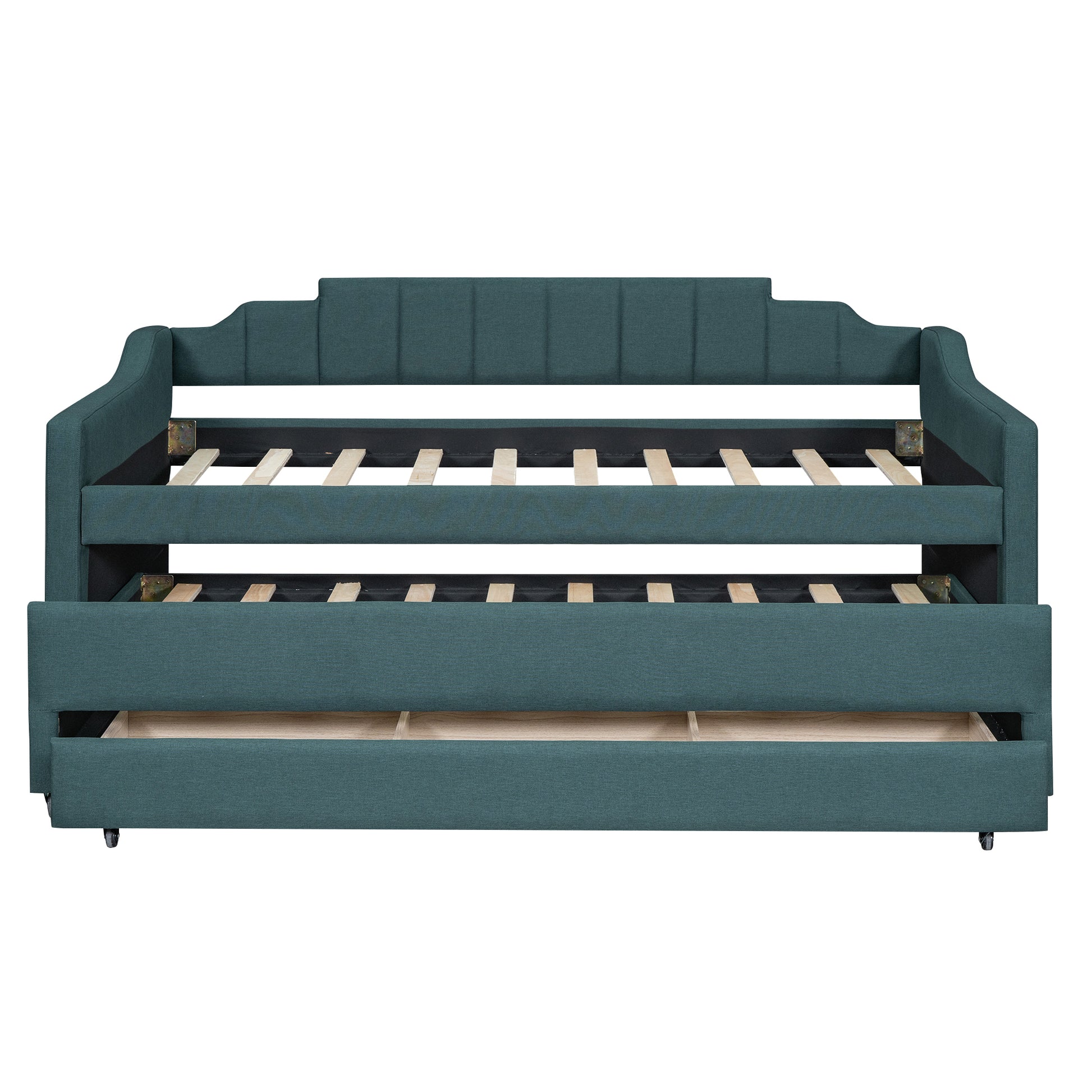 Twin Size Upholstered Daybed With Trundle And Three Drawers,Green Green Linen