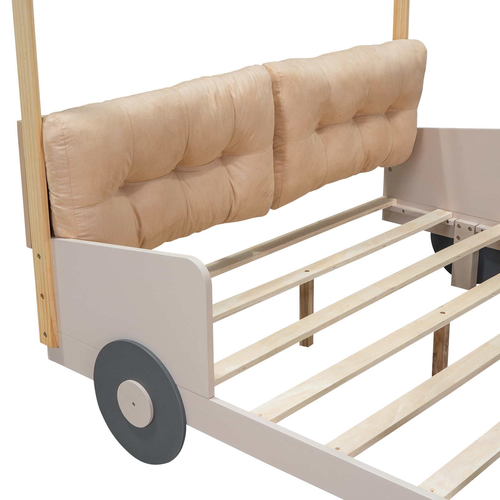 Wood Full Size Car Bed With Pillow, Ceiling Cloth And Led, Natural Box Spring Not Required Full Natural Wood Bedroom Solid Wood Mdf