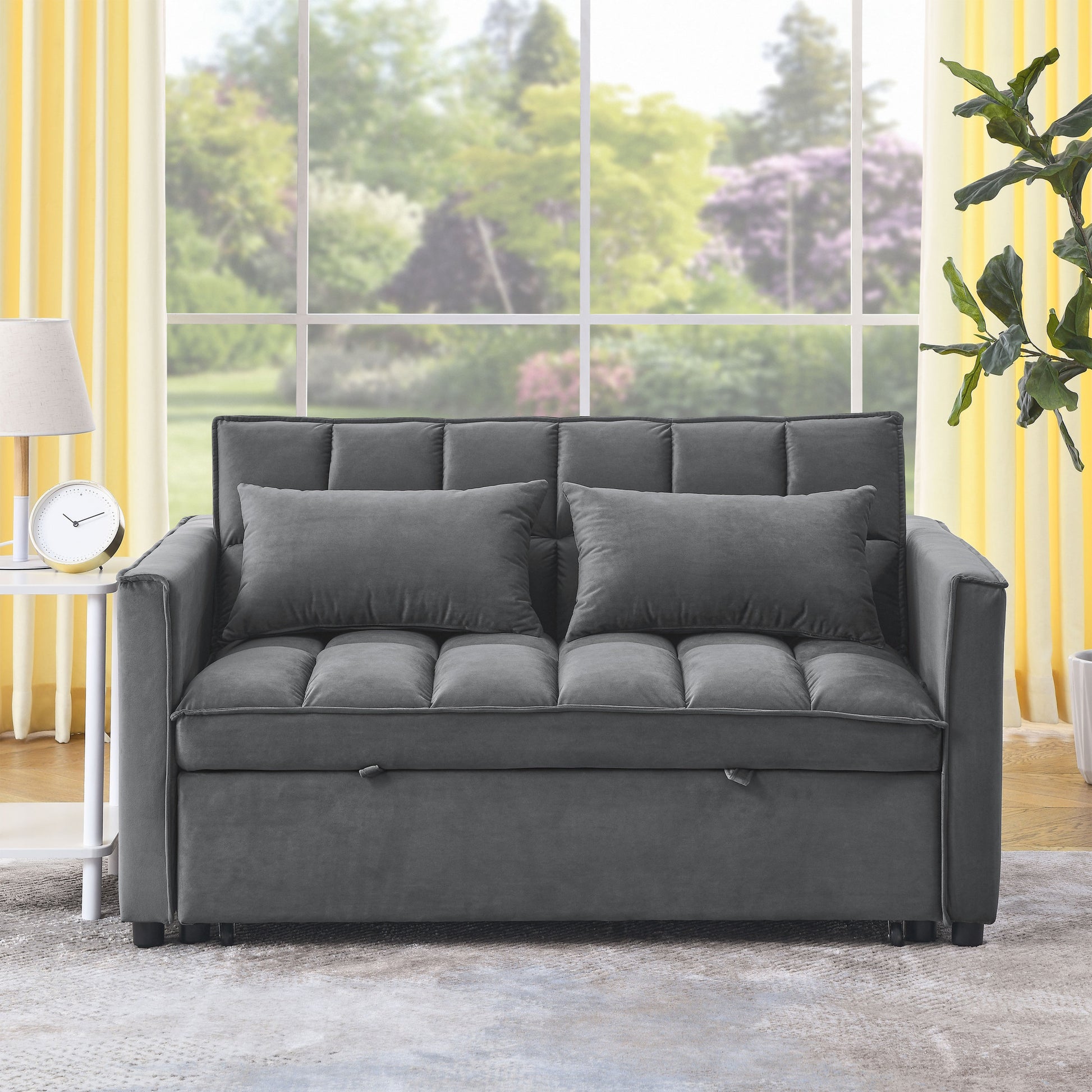 Sleeper Sofa, Convertible Sofa, Recliner, Bed, 3 In 1, 3 Position Adjustable Backrest, 2 Seater Sectional, Two Side Pockets, 2 Pillows For Living Room, Apartment, Etc., Velvet Beige 54" Wide. Grey Foam Velvet 2 Seat
