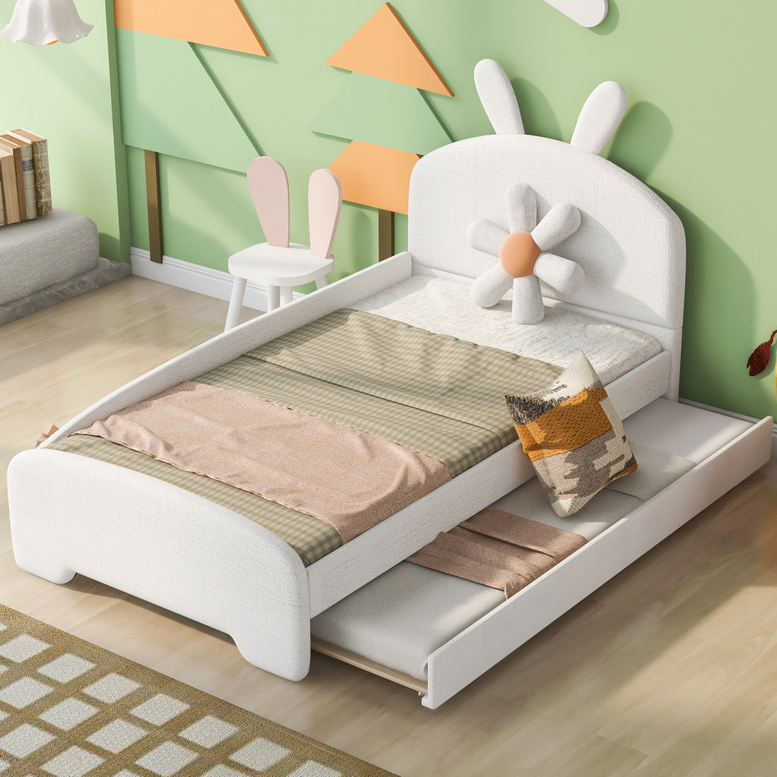 Twin Size Upholstered Platform Bed With Cartoon Ears Shaped Headboard And Trundle, White Box Spring Not Required Twin White Wood Bedroom Chenille Upholstered