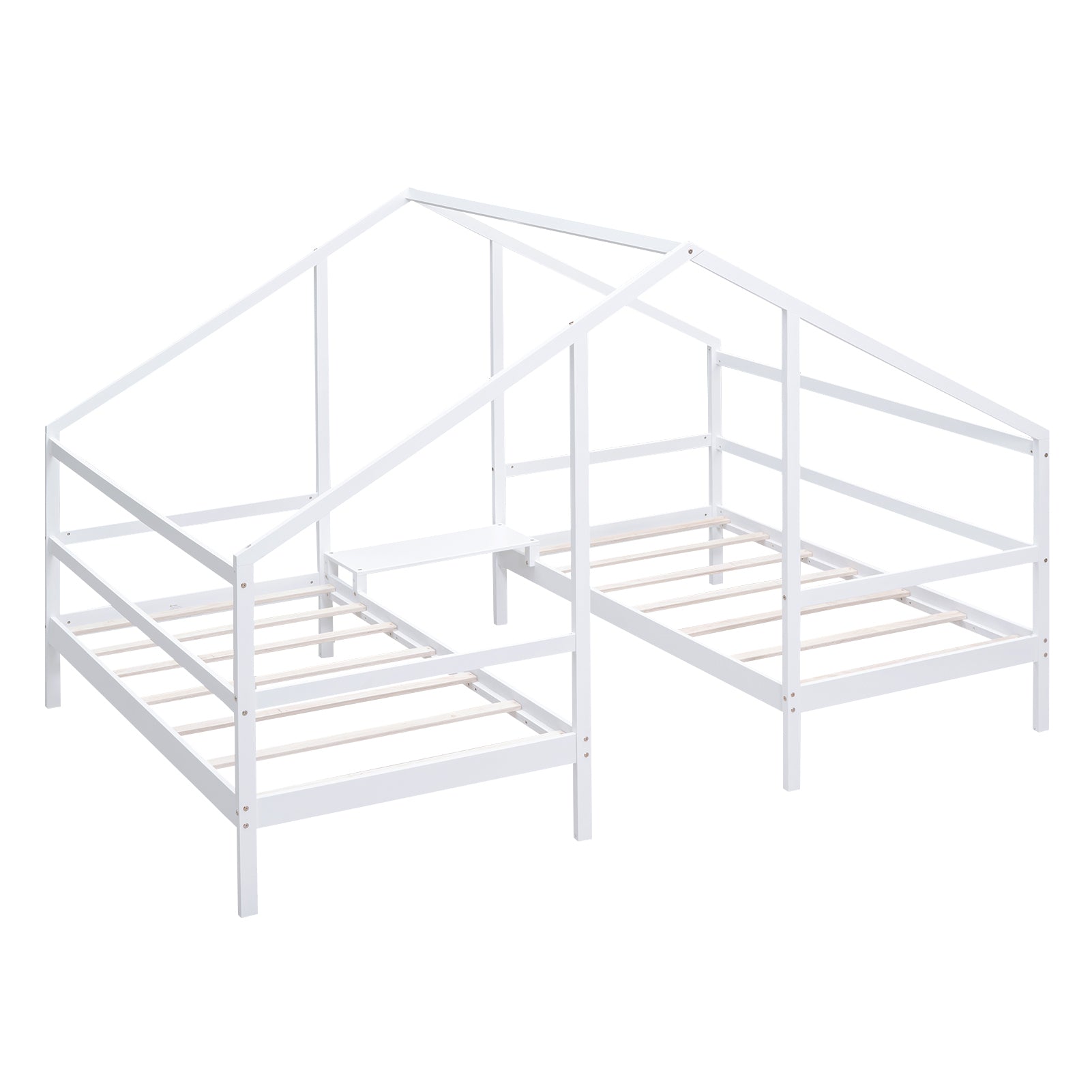 Double Twin Size Triangular House Beds With Built In Table,White Old Sku:Wf286895Aak Box Spring Not Required Twin White Wood Bedroom Bed Frame Pine