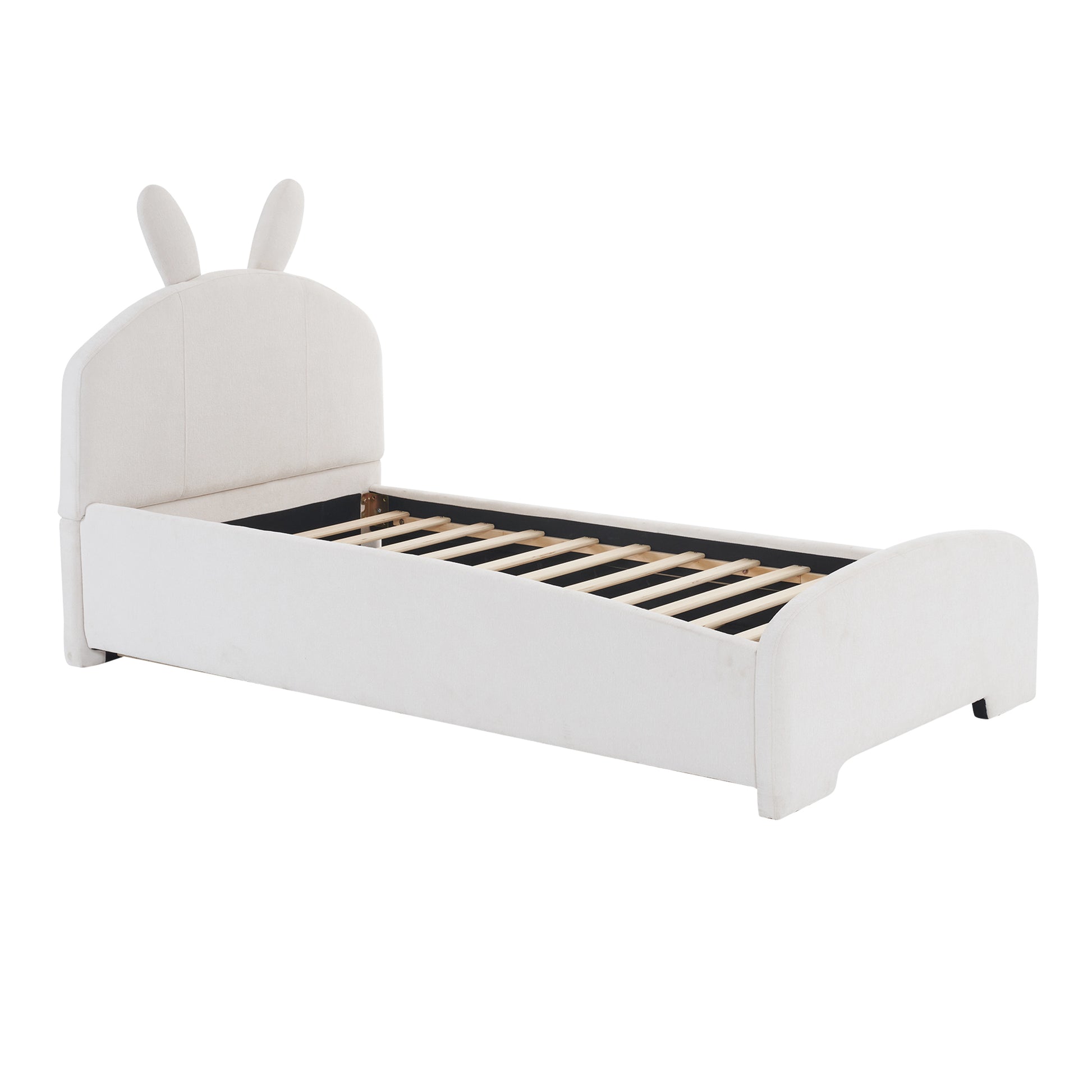 Twin Size Upholstered Platform Bed With Cartoon Ears Shaped Headboard And Trundle, White Box Spring Not Required Twin White Wood Bedroom Chenille Upholstered