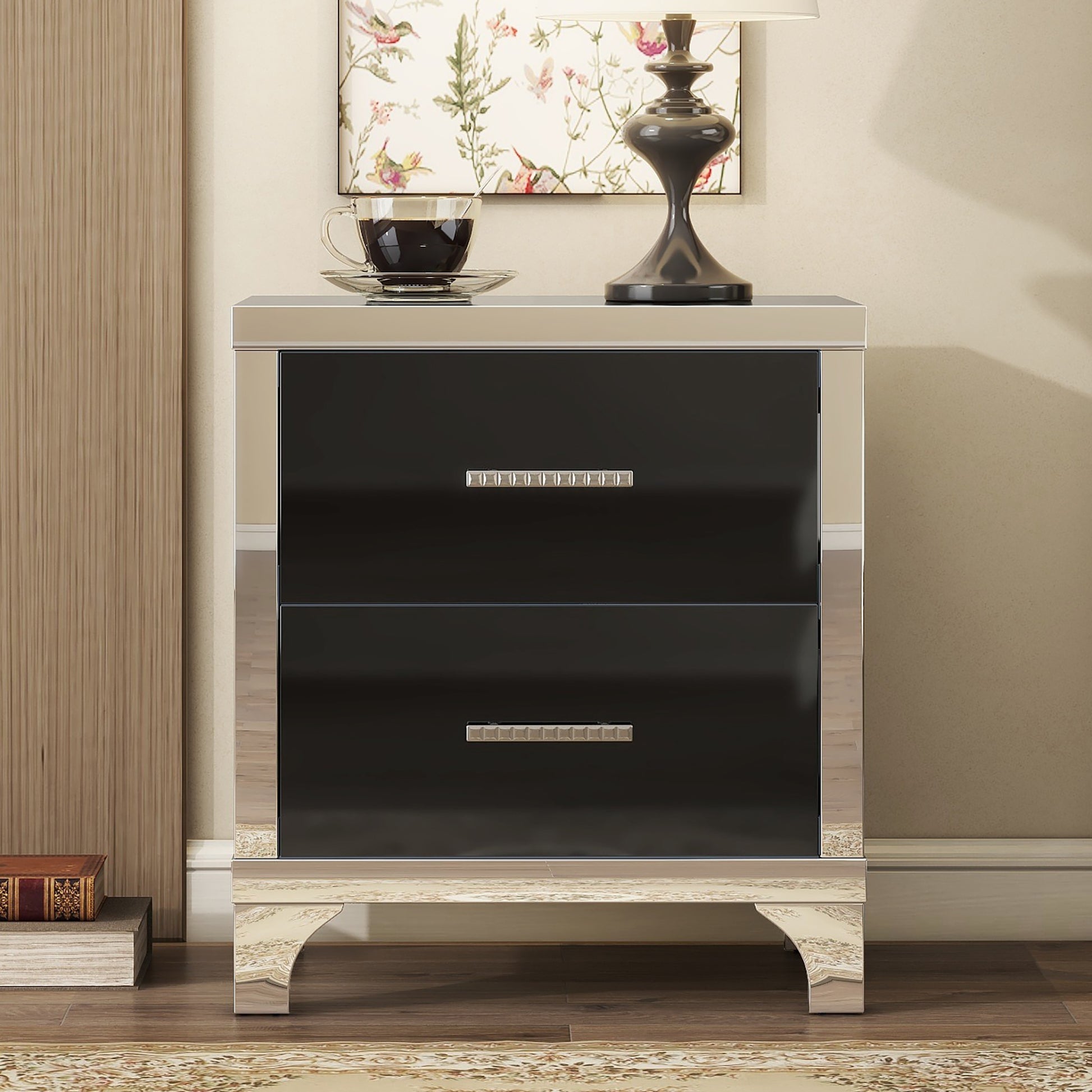 Elegant High Gloss Nightstand With Metal Handle,Mirrored Bedside Table With 2 Drawers For Bedroom,Living Room,Black Black Particle Board