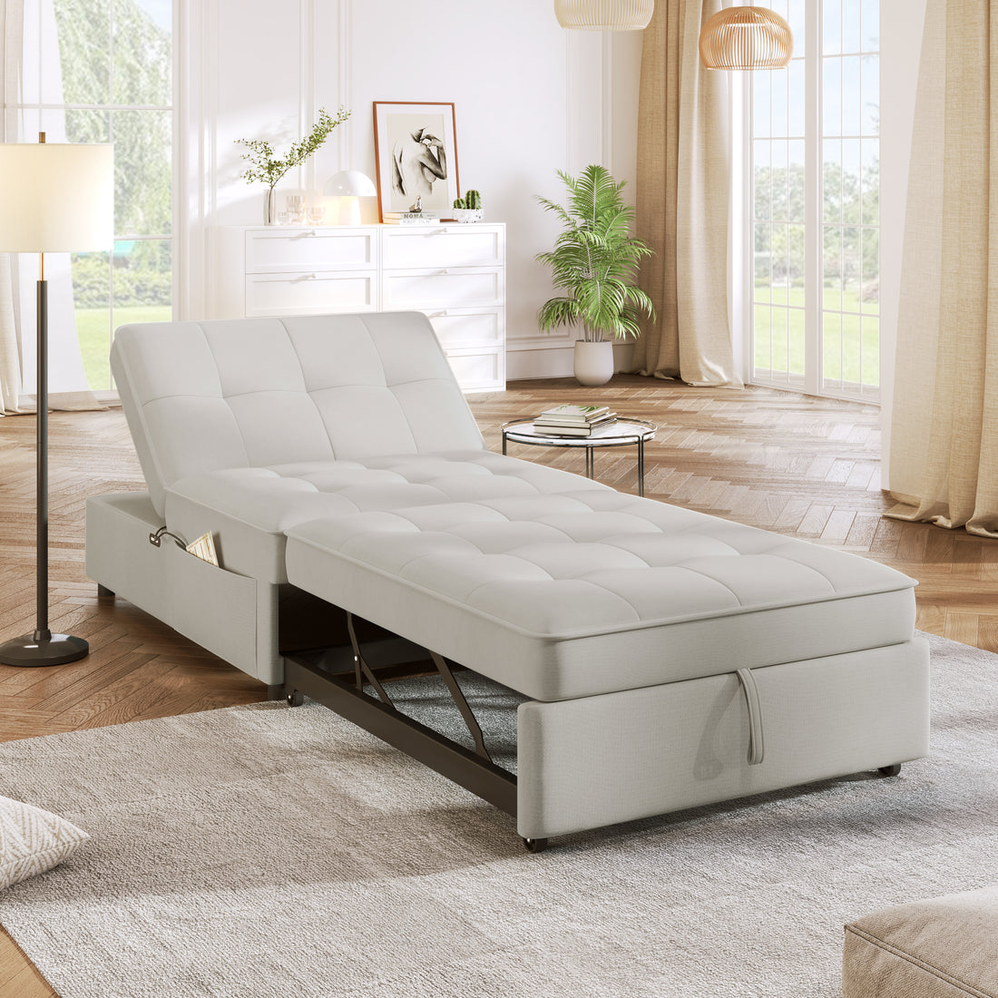 4 In 1 Sofa Bed, Chair Bed, Multi Function Folding Ottoman Bed With Storage Pocket And Usb Port For Small Room Apartment,Living Room,Bedroom,Hallway,White White Primary Living Space Linen