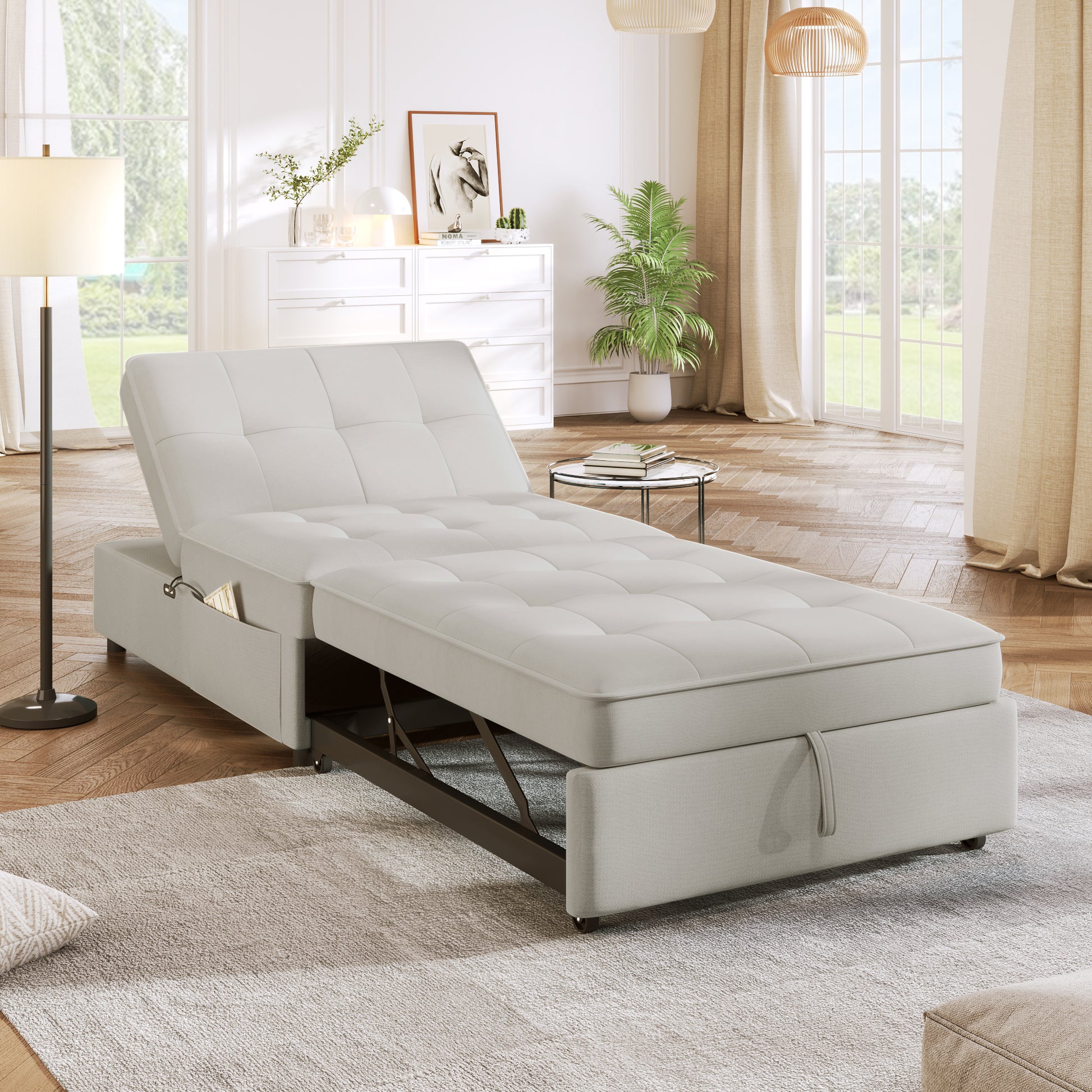 4 In 1 Sofa Bed, Chair Bed, Multi Function Folding Ottoman Bed With Storage Pocket And Usb Port For Small Room Apartment,Living Room,Bedroom,Hallway,White White Primary Living Space Linen