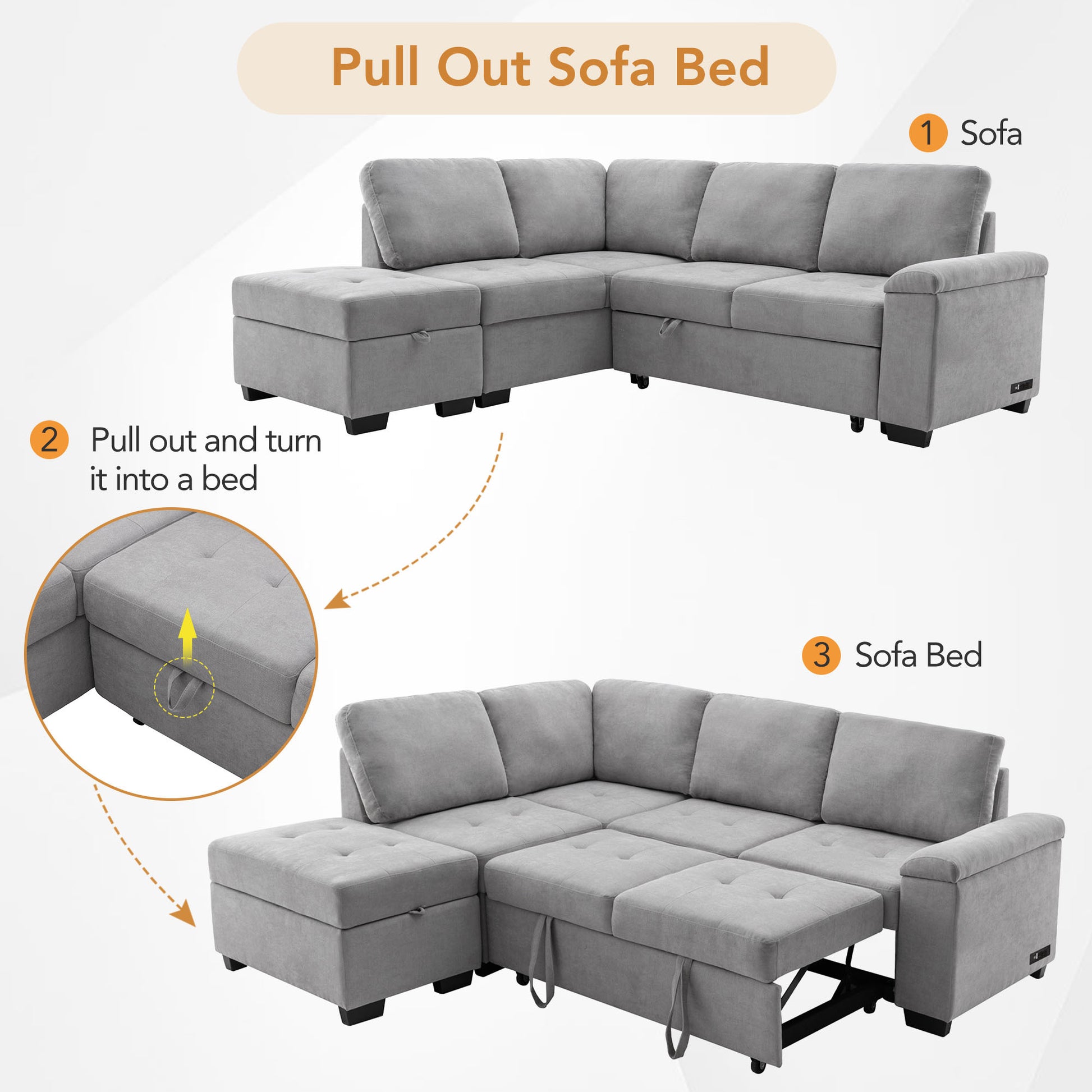 Sleeper Sectional Sofa, L Shape Corner Couch Sofa Bed With Storage Ottoman & Hidden Arm Storage & Usb Charge For Living Room Apartment, Gray Gray Velvet 4 Seat