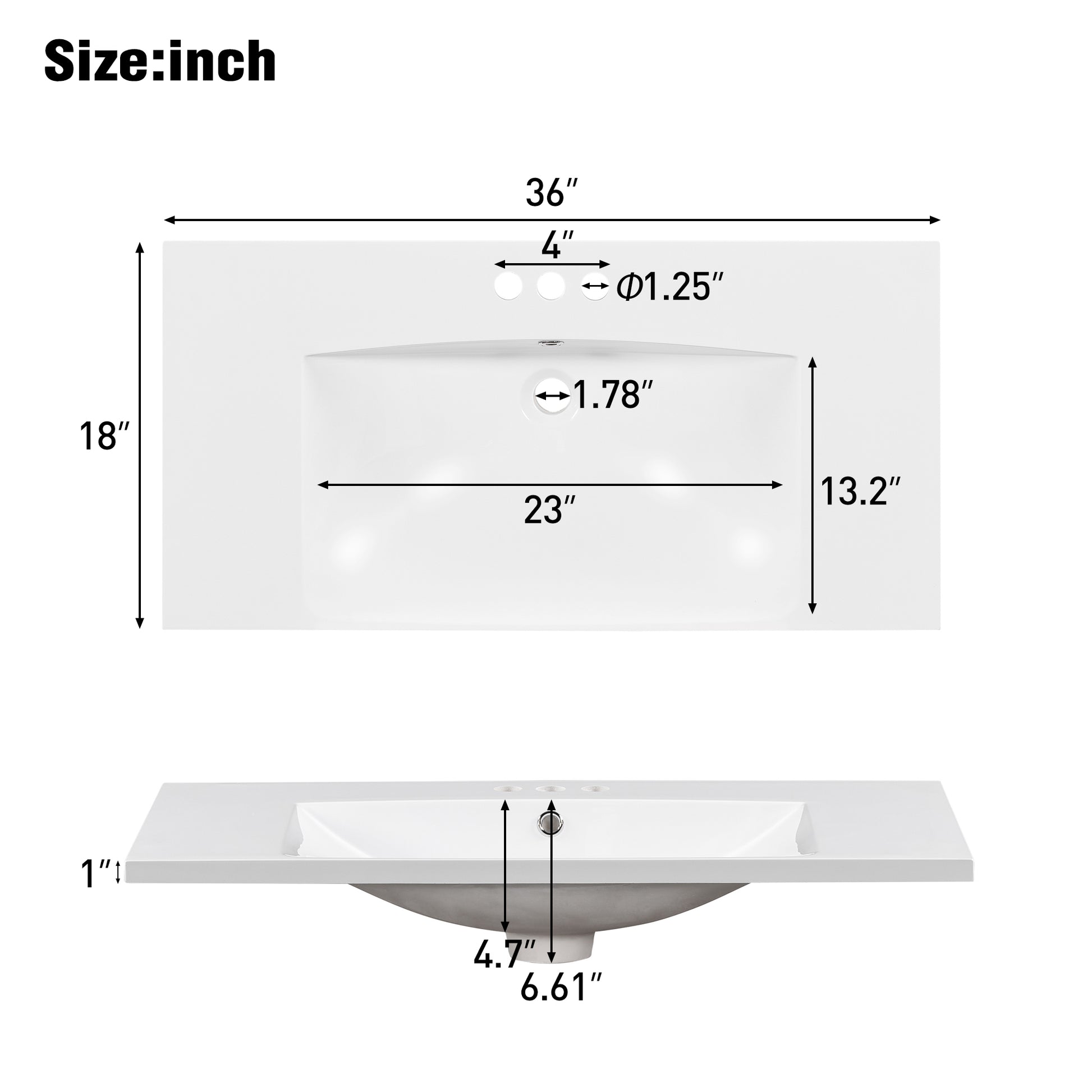 36" Single Bathroom Basin Sink, Vanity Top Only, 3 Faucet Holes, Resin White Resin