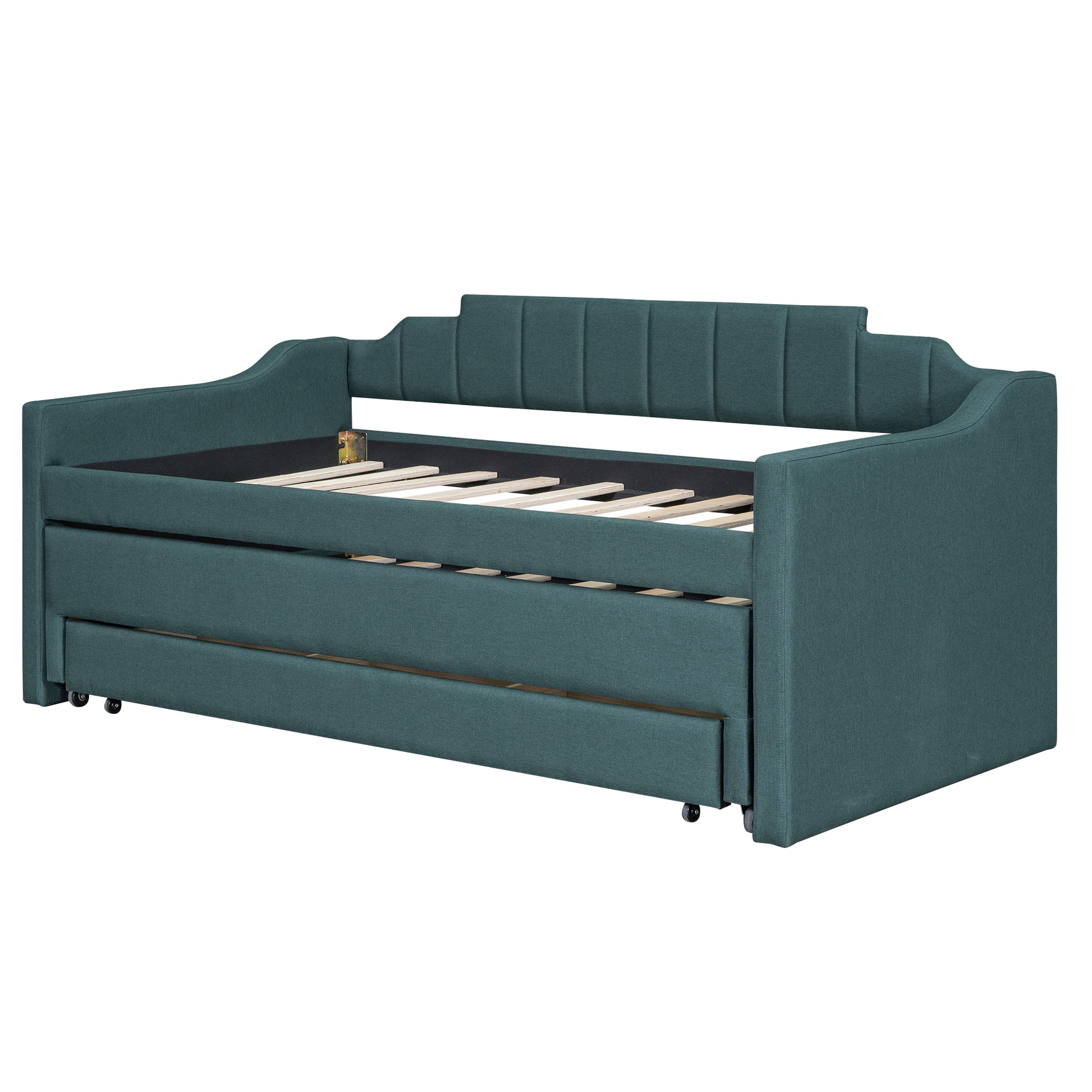 Twin Size Upholstered Daybed With Trundle And Three Drawers,Green Green Linen