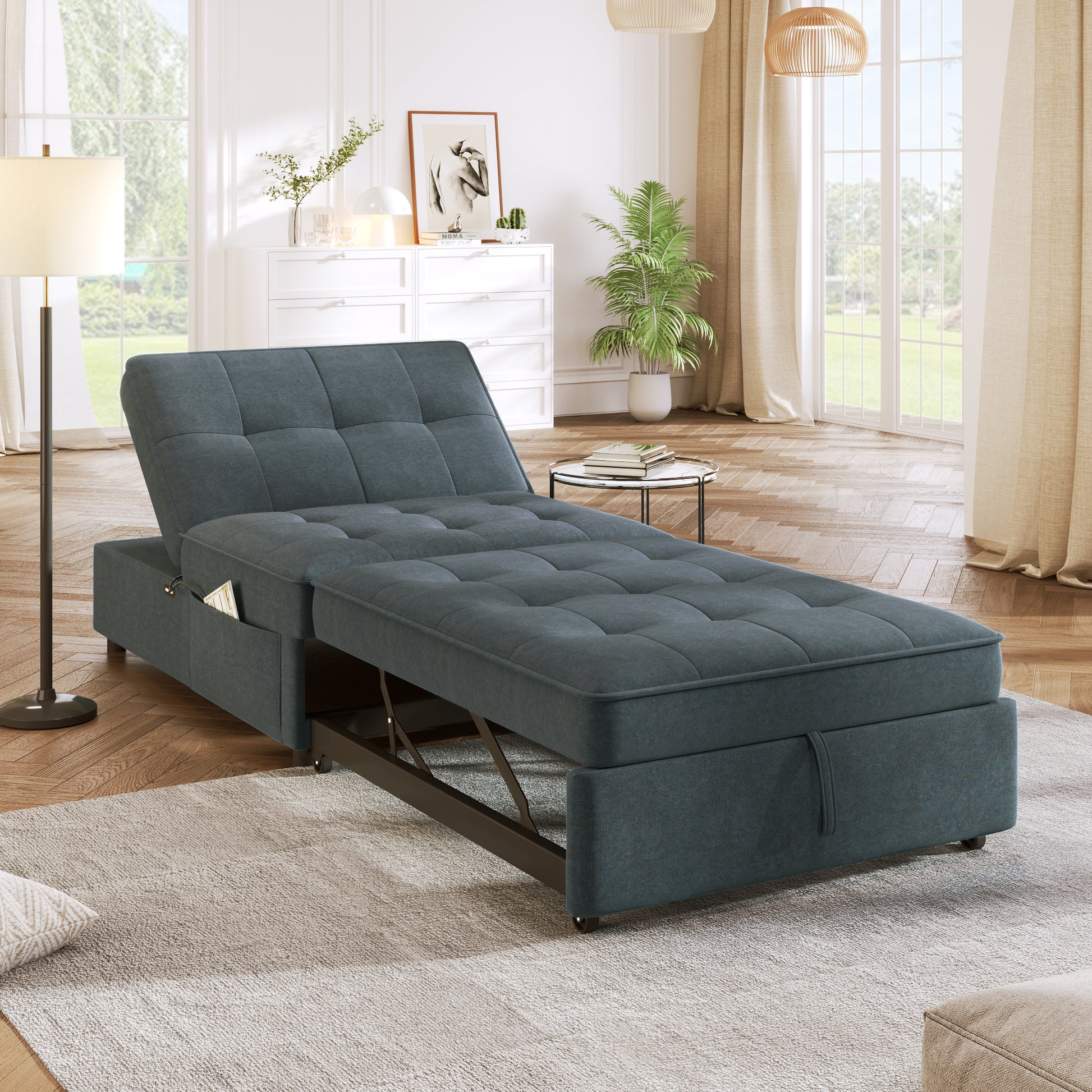 4 In 1 Sofa Bed, Chair Bed, Multi Function Folding Ottoman Bed With Storage Pocket And Usb Port For Small Room Apartment,Living Room,Bedroom,Hallway, Deep Blue Dark Blue Primary Living Space Linen