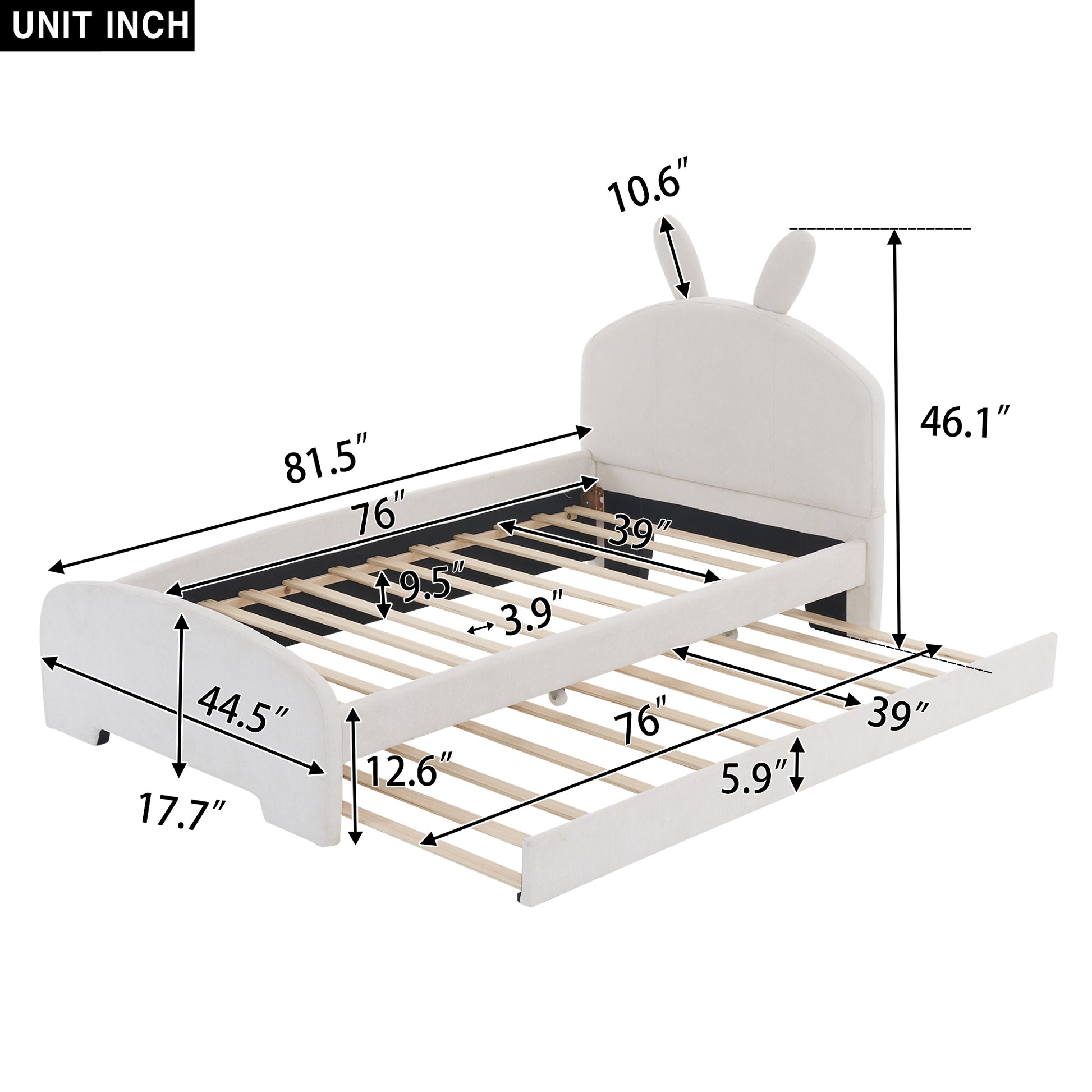 Twin Size Upholstered Platform Bed With Cartoon Ears Shaped Headboard And Trundle, White Box Spring Not Required Twin White Wood Bedroom Chenille Upholstered