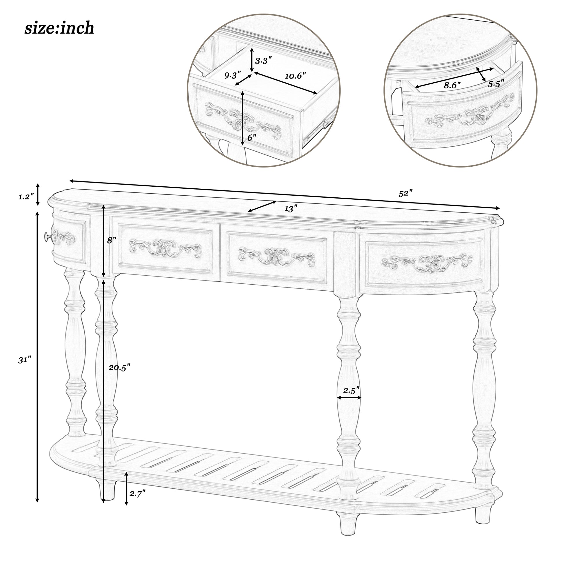 52''Modern And Contemporary Curved Console Table Sofa Table Entryway Table For Hallway Living Room With 4 Drawers And 1 Shelf Antique Blue Mdf