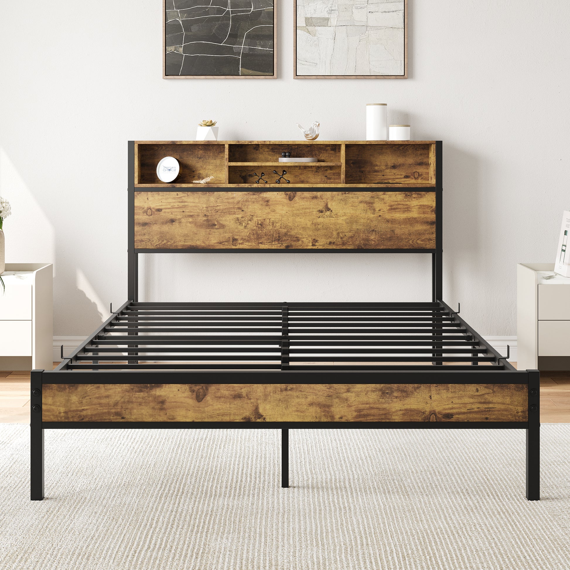 Full Size Bed Frame With Storage Headboard, Metal Platform Bed With Charging Station, Bookcase Storage, No Box Spring Needed, Easy Assembly, Noise Free, Black Box Spring Not Required Full Black Iron Brown Bedroom Bed Frame Metal & Wood