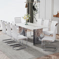 Modern Minimalist Dining Table. The White Imitation Marble Glass Desktop Is Equipped With Silver Metal Legs. Suitable For Restaurants And Living Rooms 71