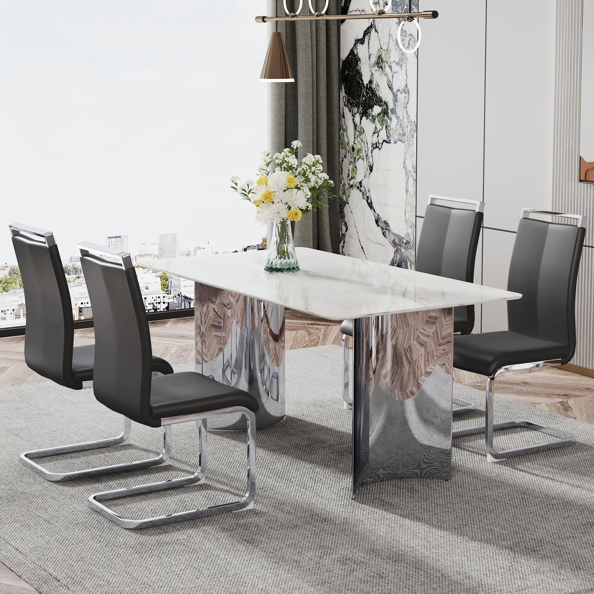 Modern Minimalist Dining Table. White Imitation Marble Glass Sticker Desktop, Stainless Steel Legs, Stable And Beautiful. Suitable For Living Room And Dining Room 63" *35.4" *29.5"Dt 69 White Glass